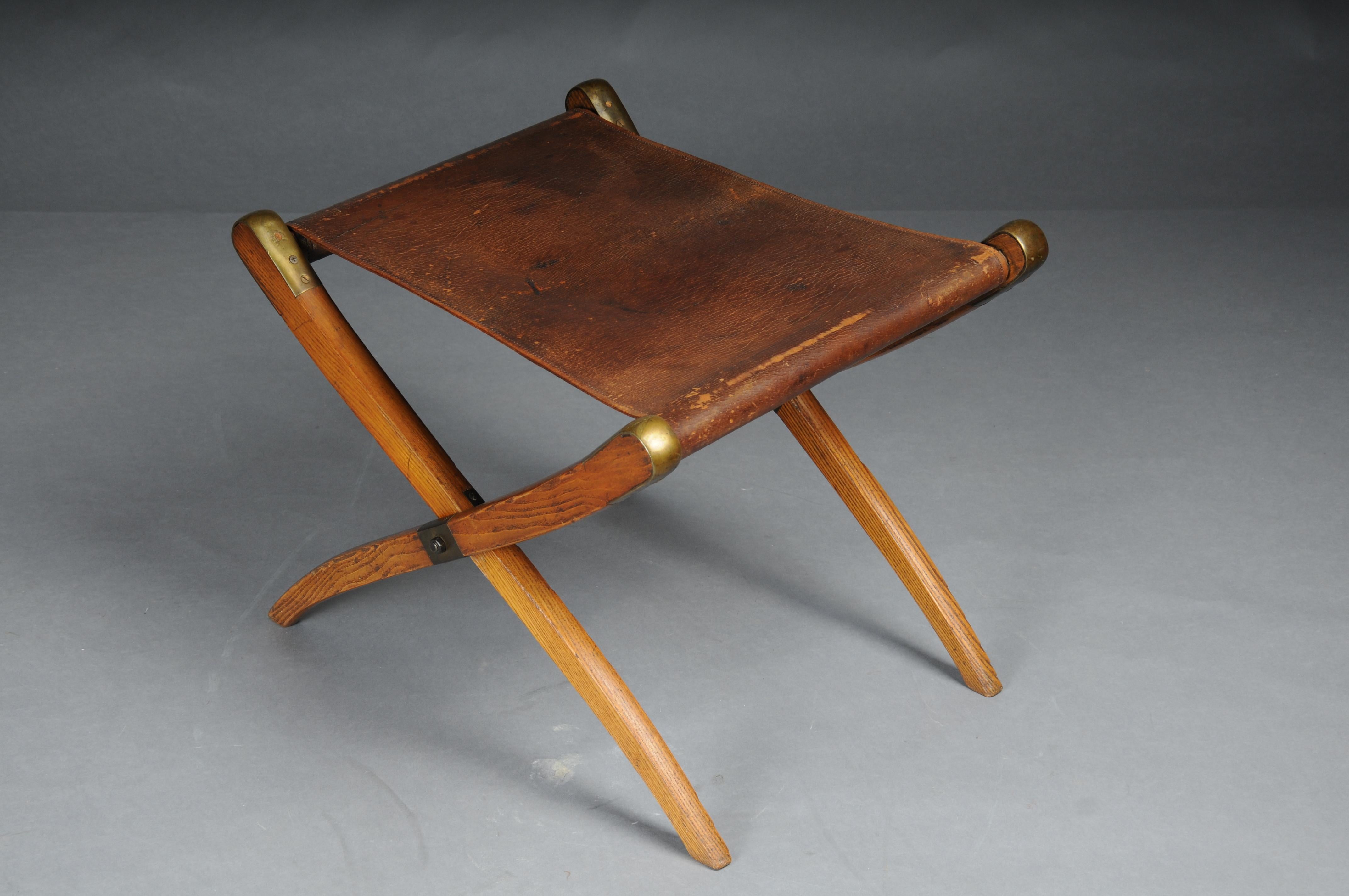 20th Century Antique Art Nouveau folding stool with leather, circa 1910 For Sale