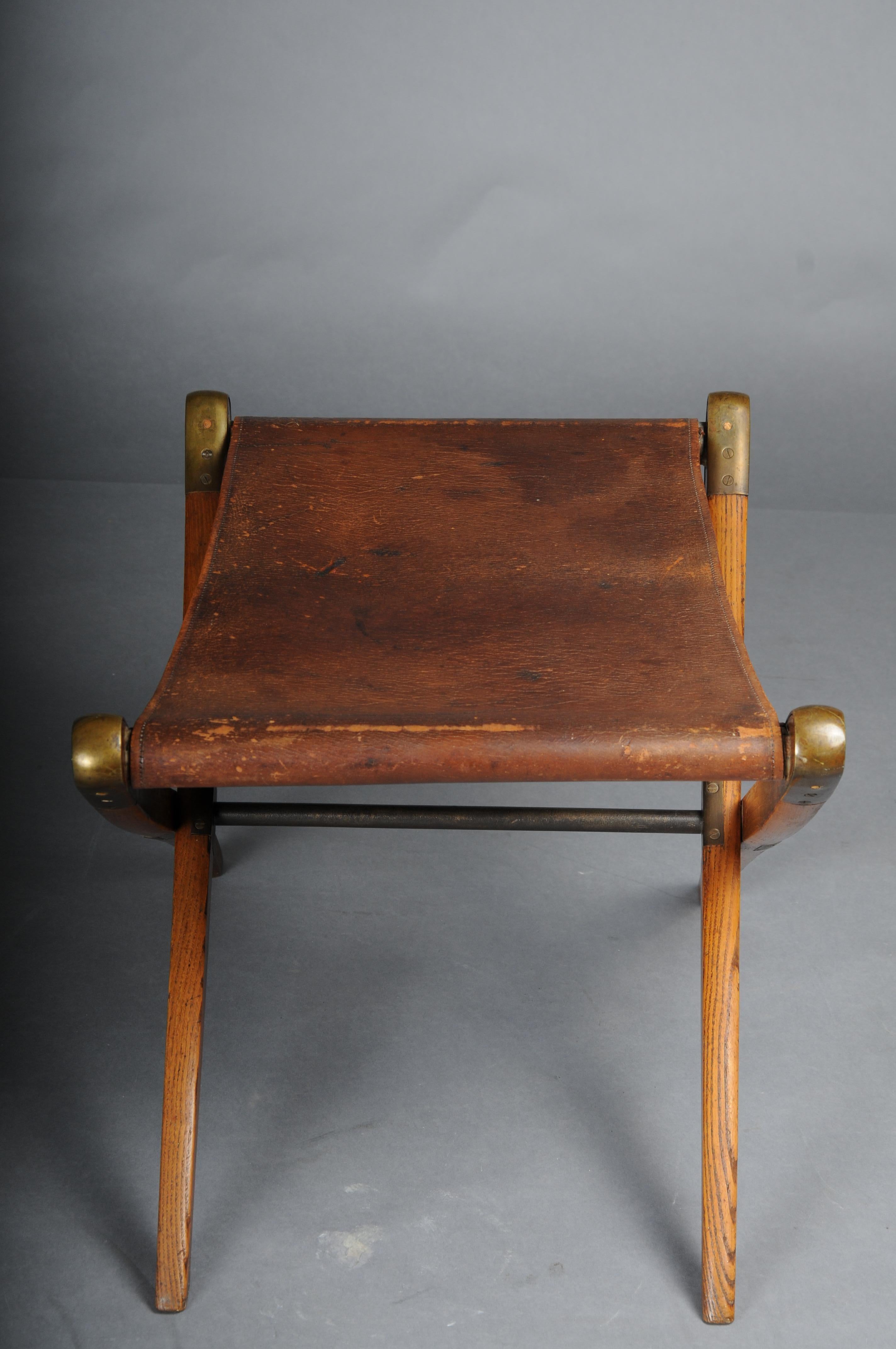 Leather Antique Art Nouveau folding stool with leather, circa 1910 For Sale
