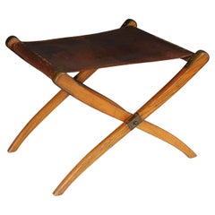 Antique Art Nouveau folding stool with leather, circa 1910