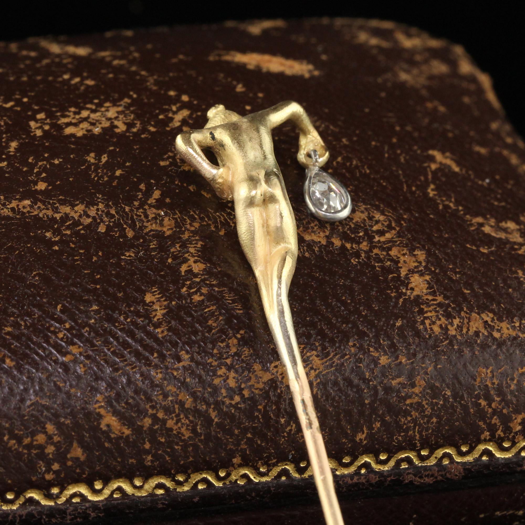 Pear Cut Antique Art Nouveau French 18K Gold Old Pear Diamond Lorette Woman Stick Pin For Sale