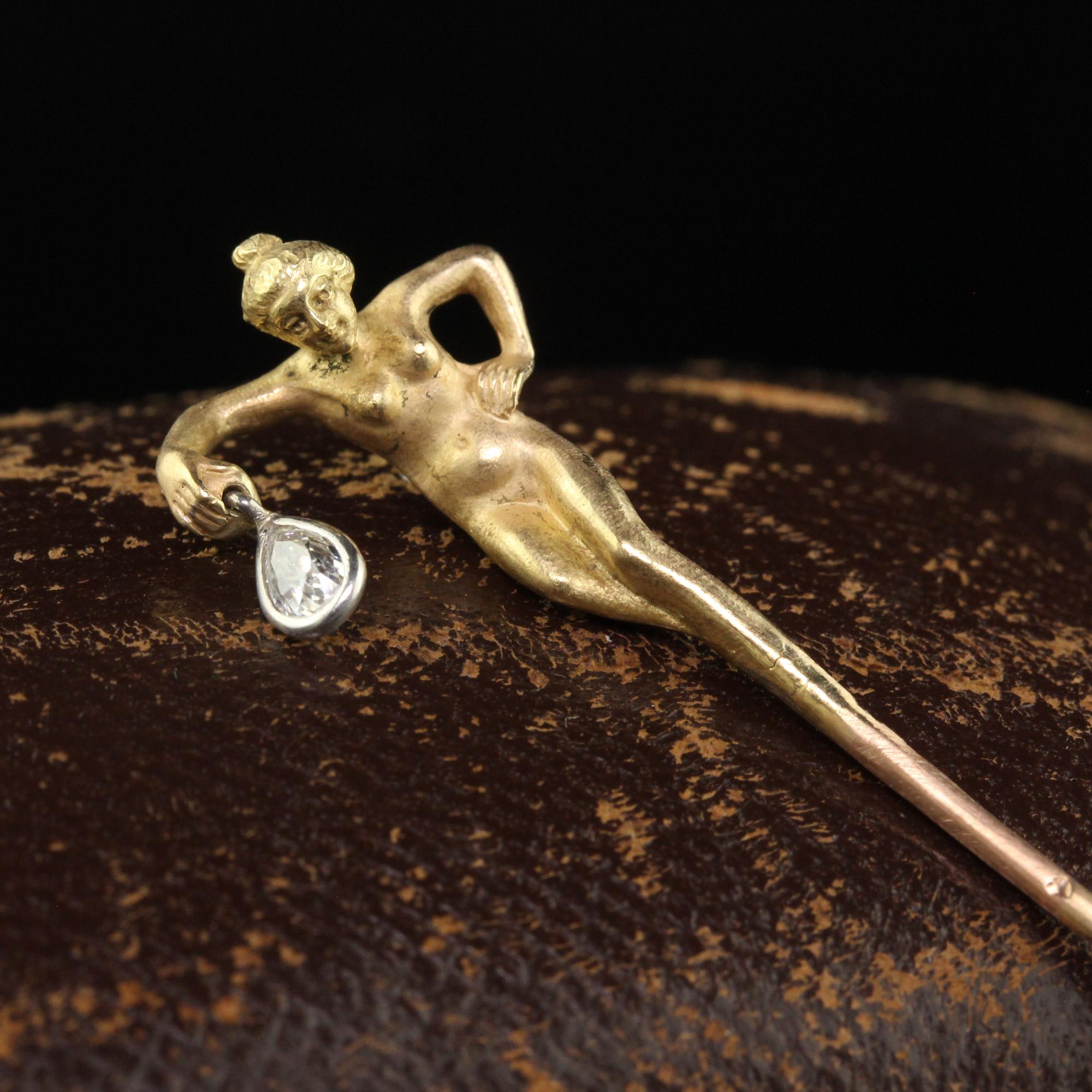 Antique Art Nouveau French 18K Gold Old Pear Diamond Lorette Woman Stick Pin For Sale 1