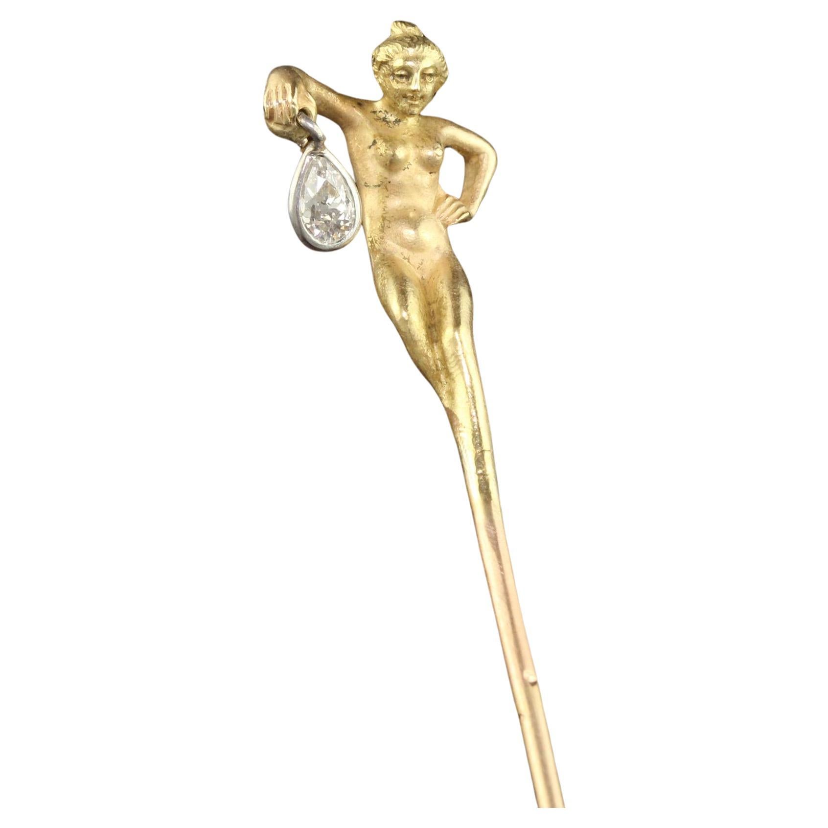 Antique Art Nouveau French 18K Gold Old Pear Diamond Lorette Woman Stick Pin For Sale