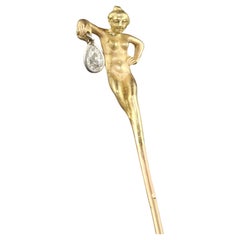 Antique Art Nouveau French 18K Gold Old Pear Diamond Lorette Woman Stick Pin