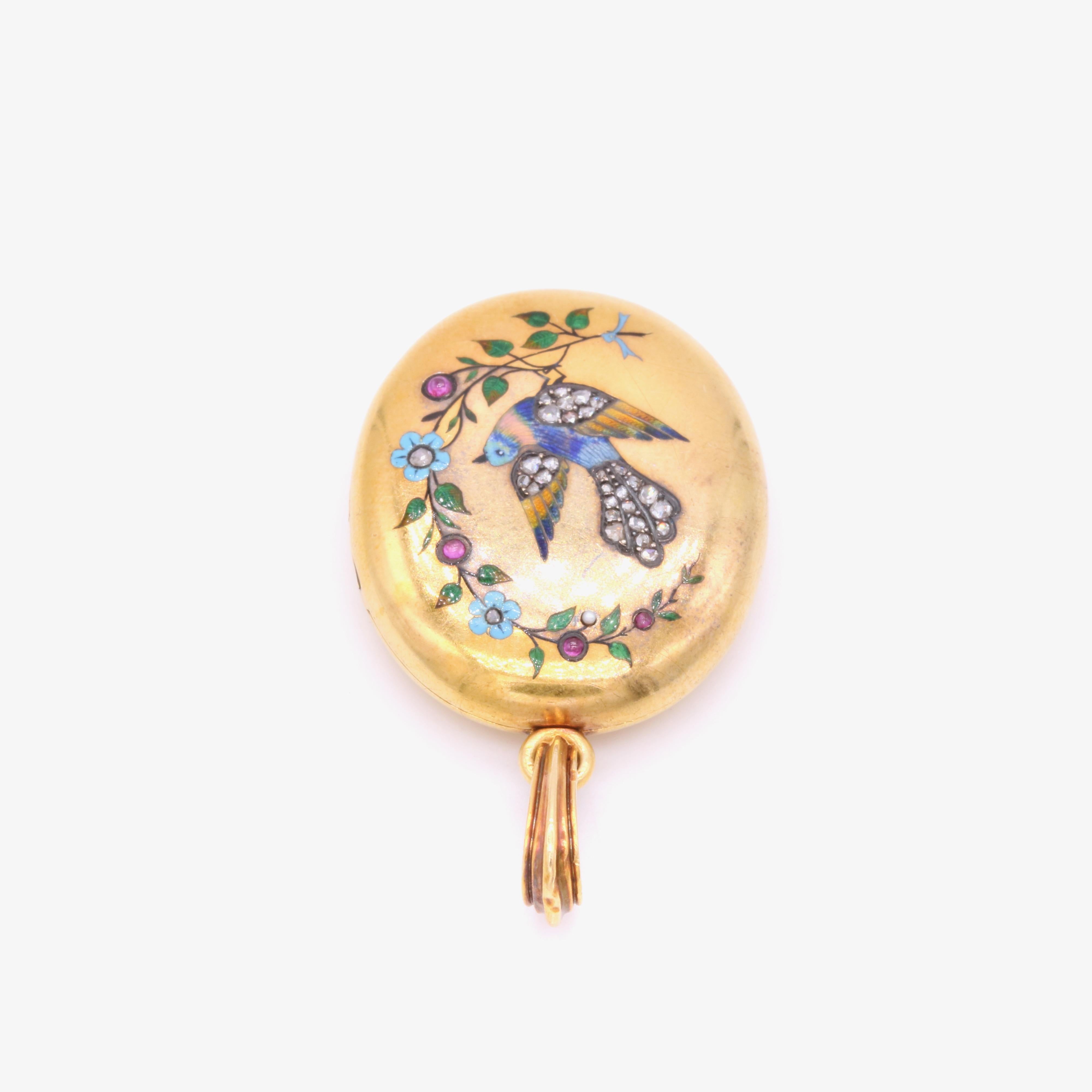 Antikes französisches Jugendstil-Vogel-Medaillon aus 18 Karat Gelbgold mit Diamanten, Rubin und Emaille im Angebot 4
