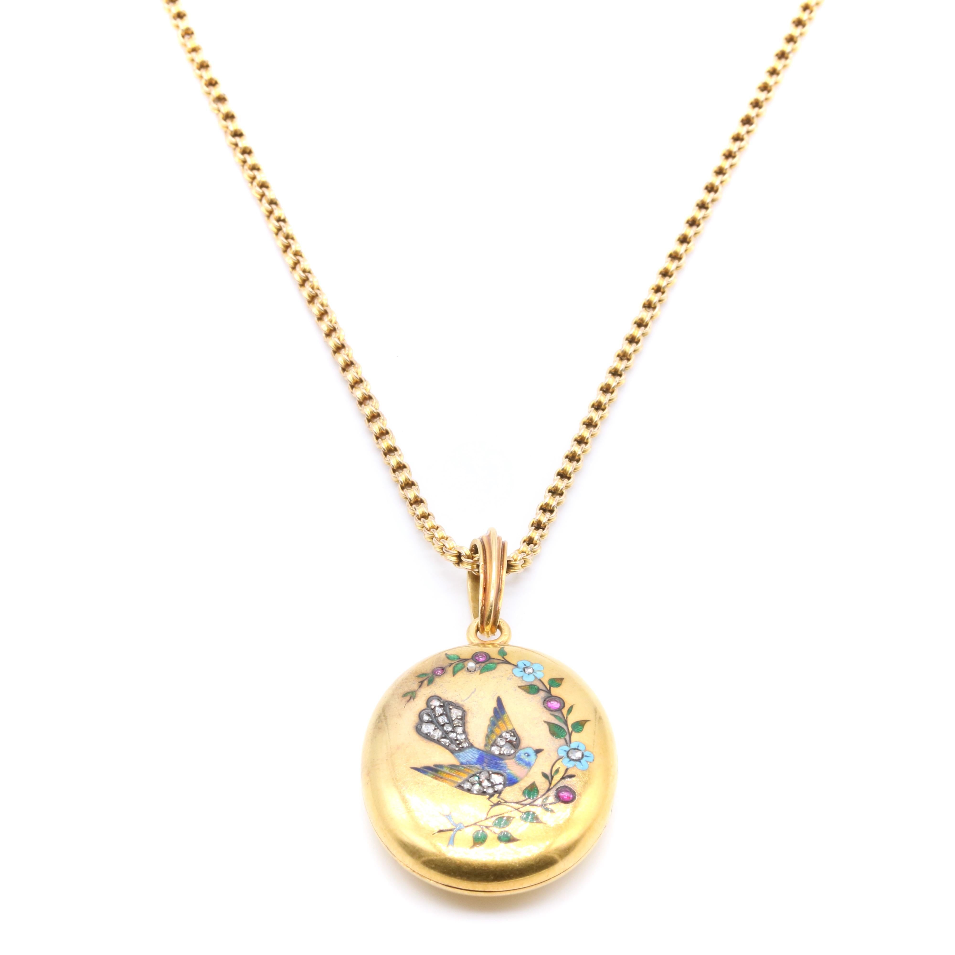 Antikes französisches Jugendstil-Vogel-Medaillon aus 18 Karat Gelbgold mit Diamanten, Rubin und Emaille im Angebot 8