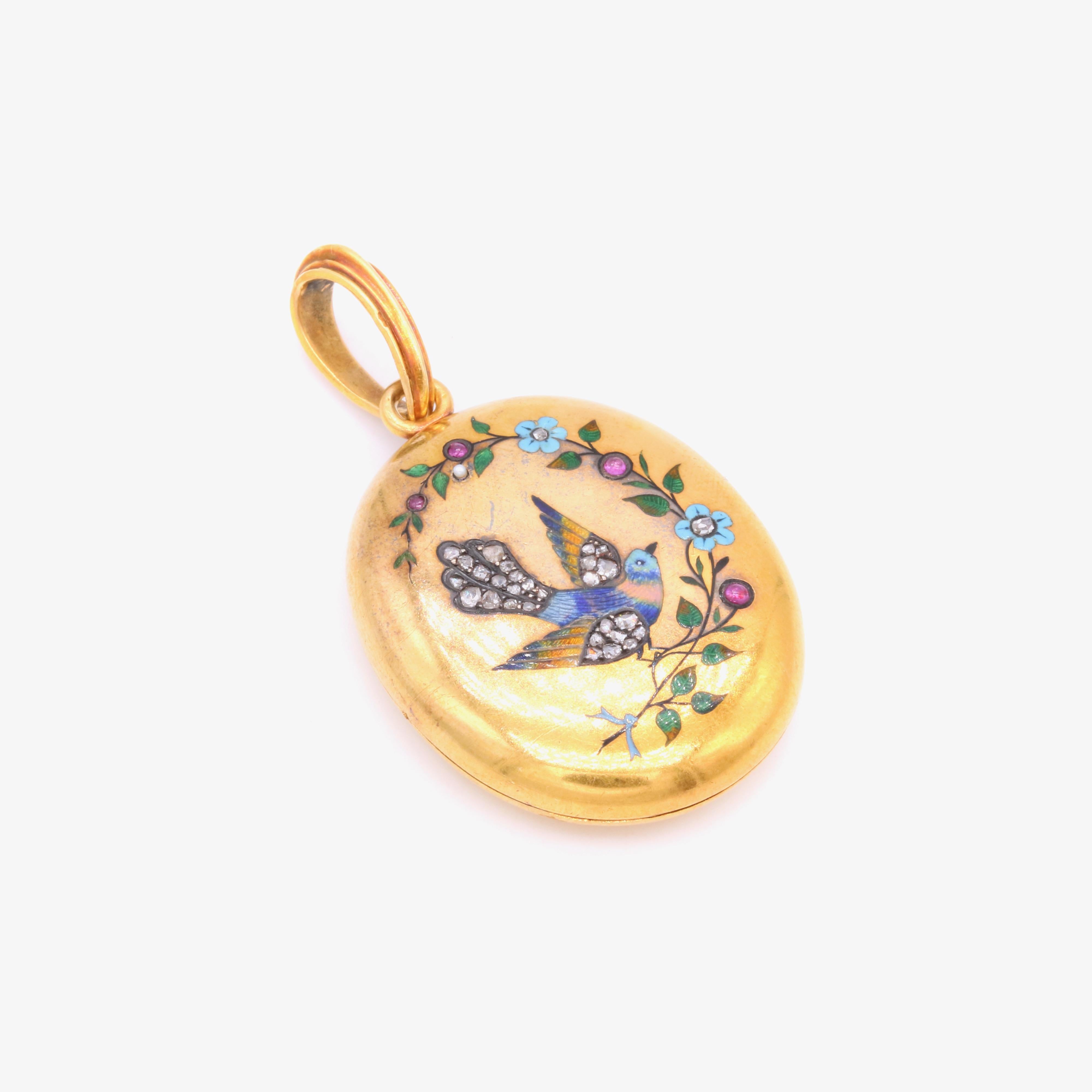 Women's or Men's Antique Art Nouveau French 18K Yellow Gold Diamond Ruby and Enamel Bird Locket