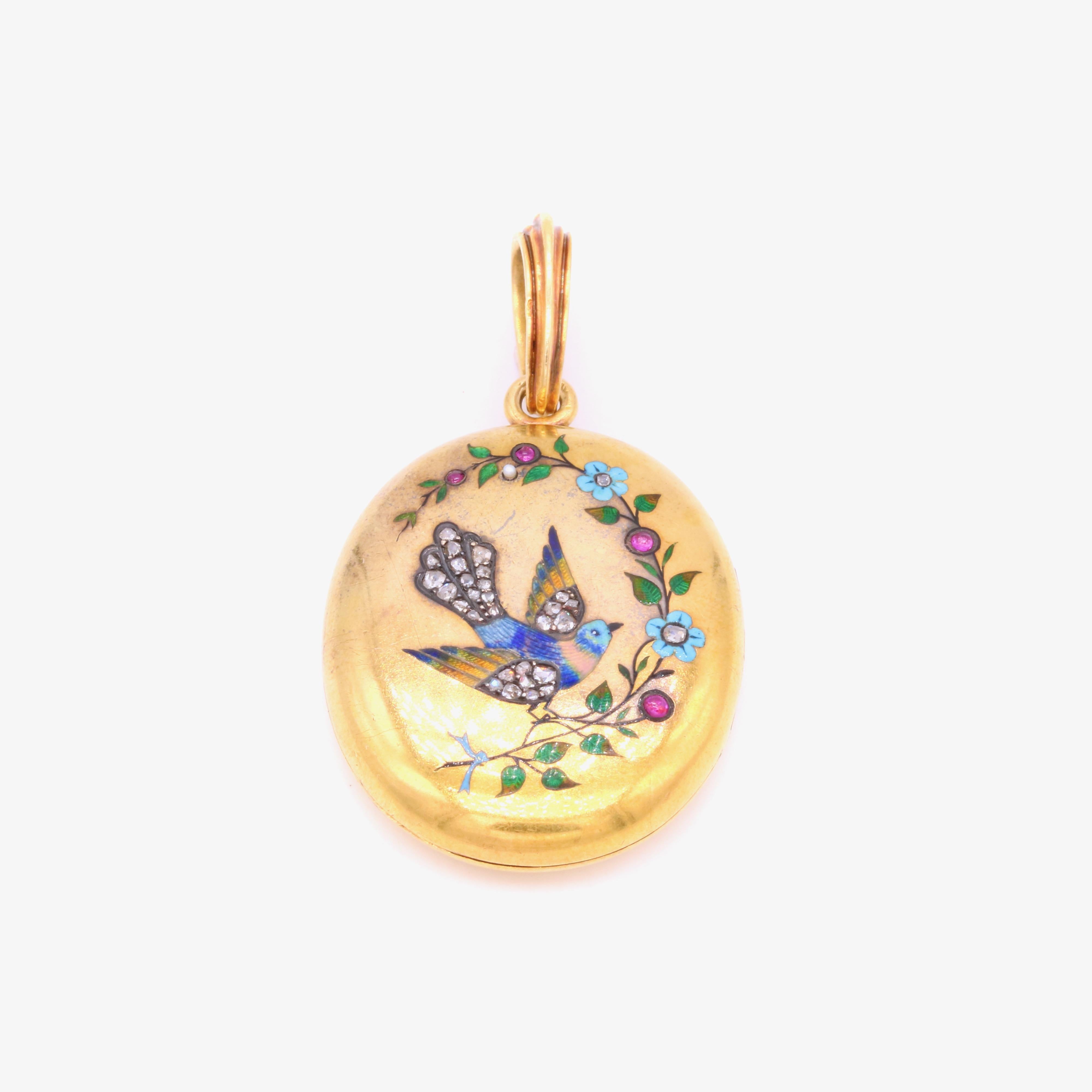 Antique médaillon oiseau Art nouveau français en or jaune 18 carats, diamants, rubis et émail en vente 1