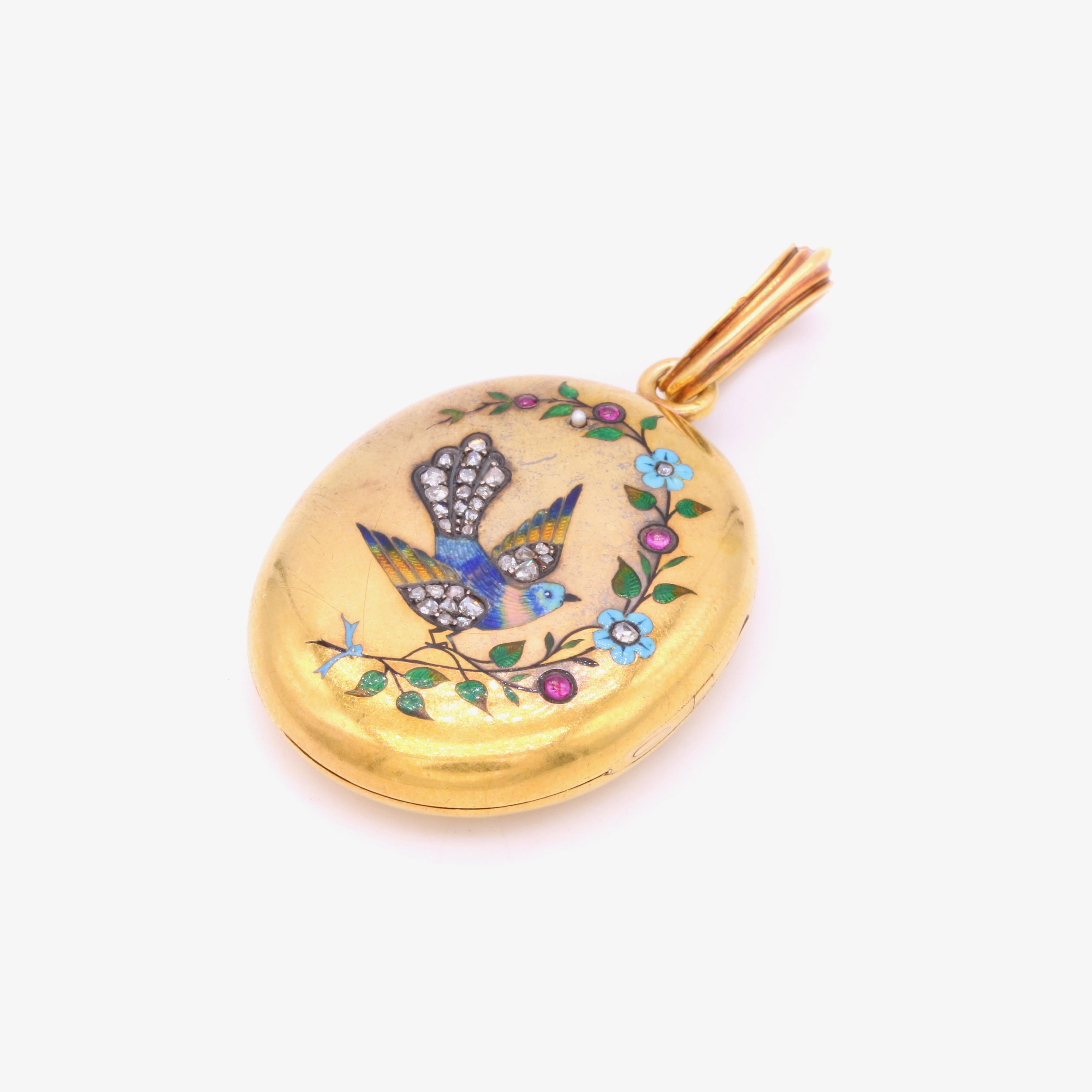 Antikes französisches Jugendstil-Vogel-Medaillon aus 18 Karat Gelbgold mit Diamanten, Rubin und Emaille im Angebot 1