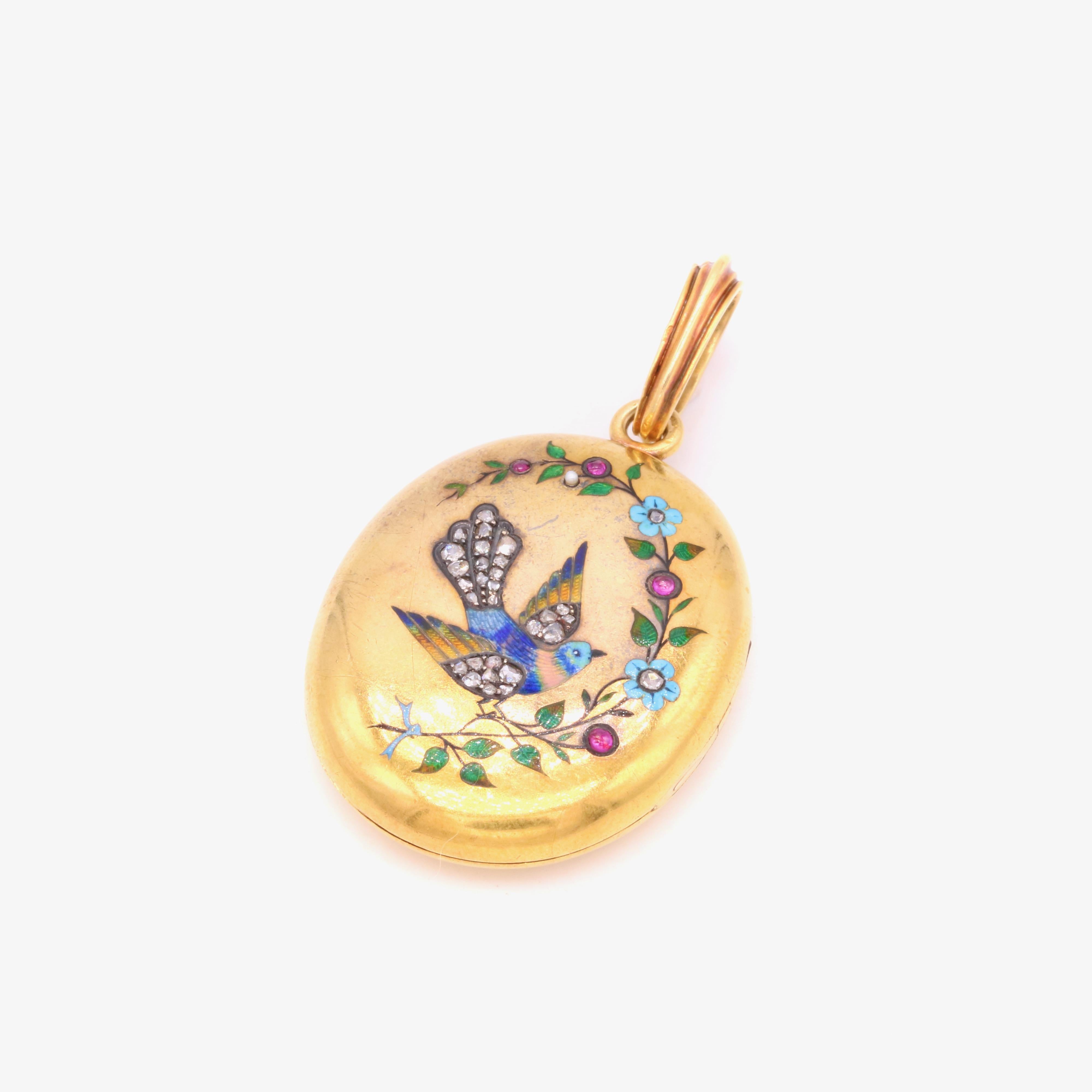 Antikes französisches Jugendstil-Vogel-Medaillon aus 18 Karat Gelbgold mit Diamanten, Rubin und Emaille im Angebot 2