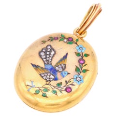 Antikes französisches Jugendstil-Vogel-Medaillon aus 18 Karat Gelbgold mit Diamanten, Rubin und Emaille