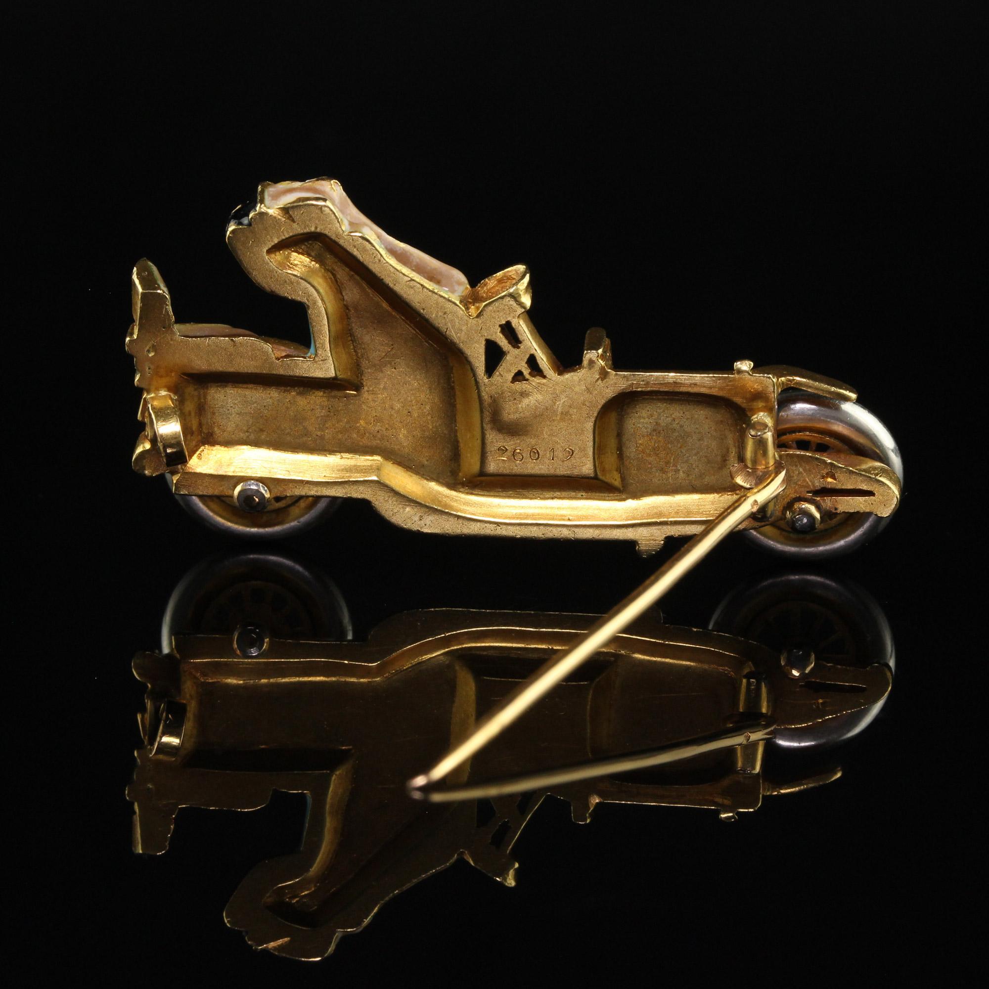 Antique Art Nouveau French 18K Yellow Gold Old Cut Diamond Enamel Buggy Car Pin For Sale 2