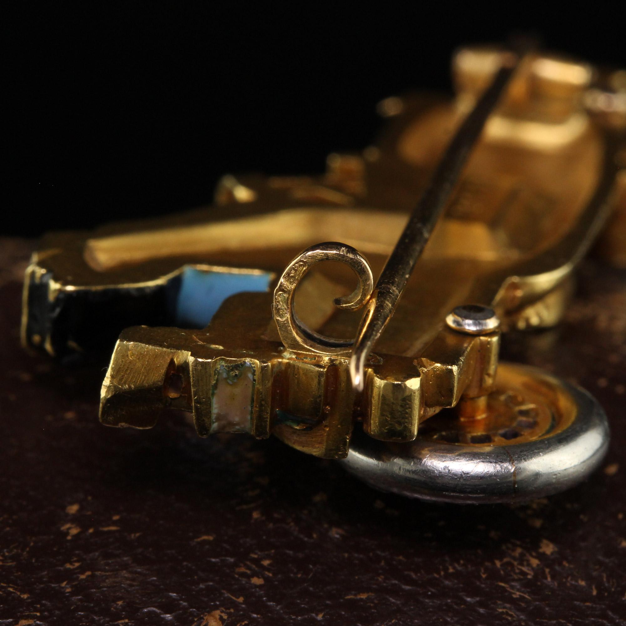 Antique Art Nouveau French 18K Yellow Gold Old Cut Diamond Enamel Buggy Car Pin For Sale 3