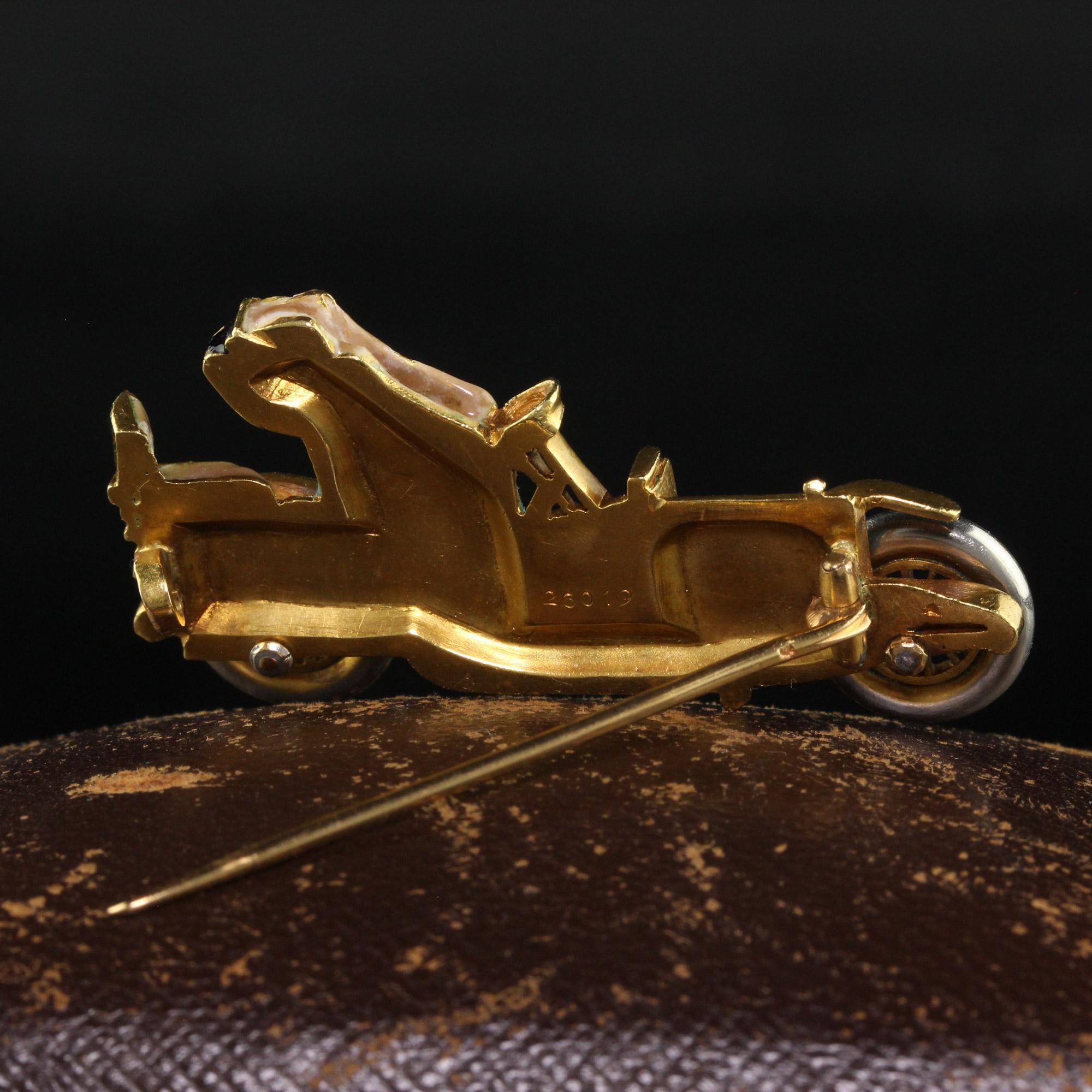 Rose Cut Antique Art Nouveau French 18K Yellow Gold Old Cut Diamond Enamel Buggy Car Pin For Sale