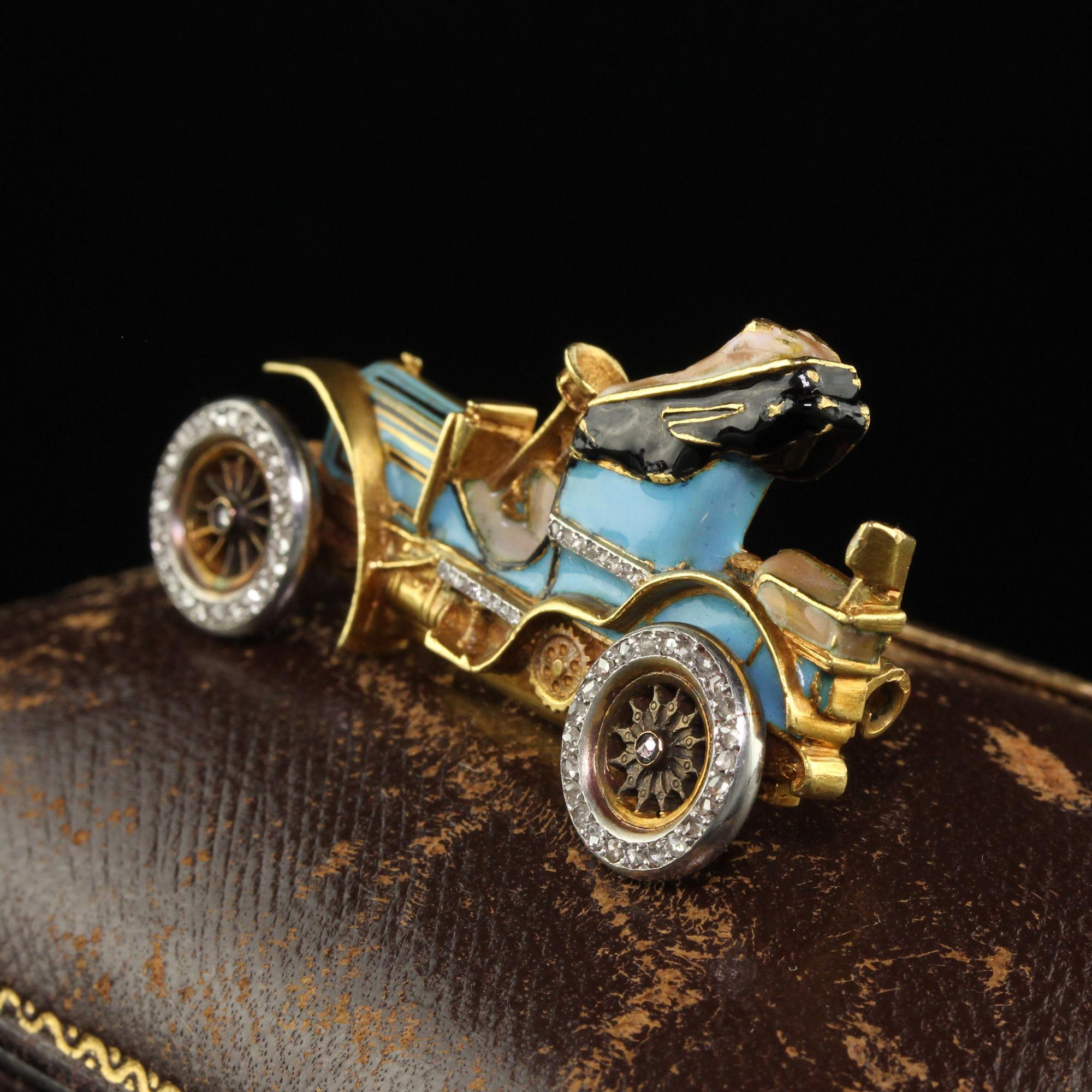 Antique Art Nouveau French 18K Yellow Gold Old Cut Diamond Enamel Buggy Car Pin In Good Condition For Sale In Great Neck, NY