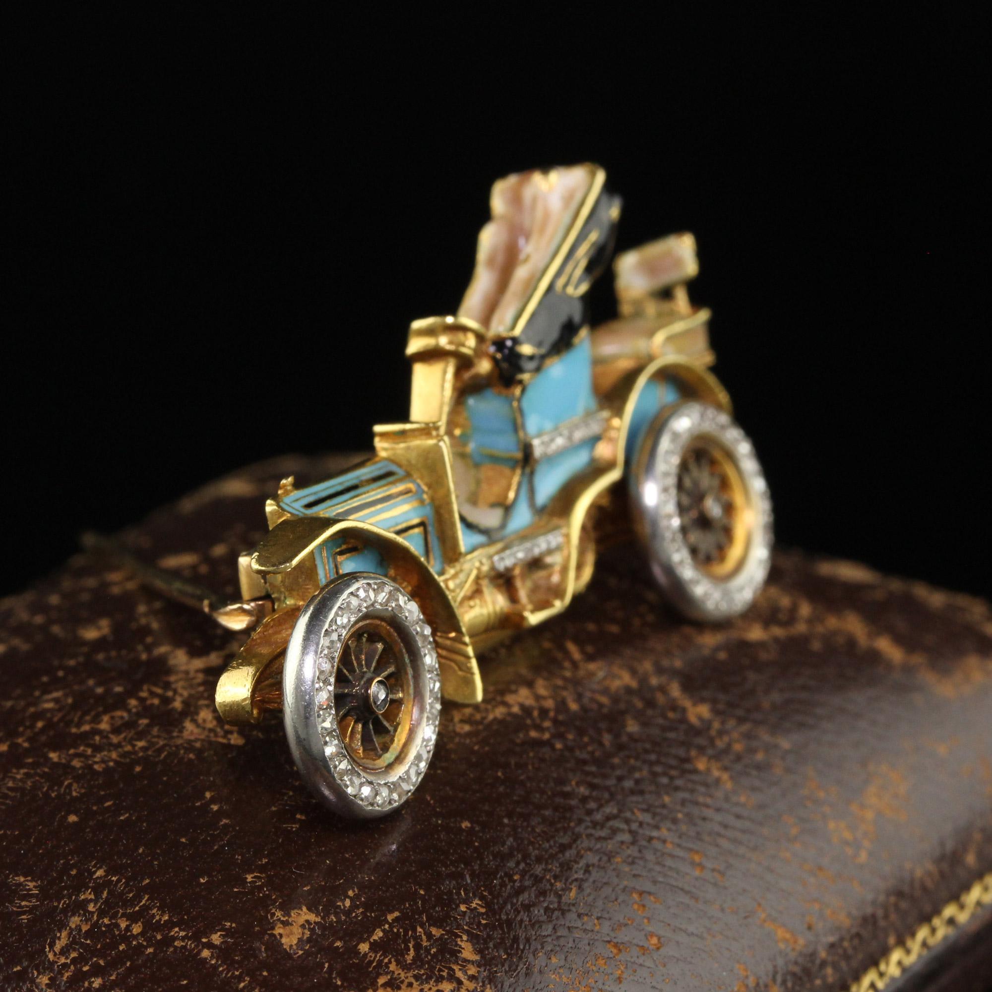 Women's or Men's Antique Art Nouveau French 18K Yellow Gold Old Cut Diamond Enamel Buggy Car Pin For Sale