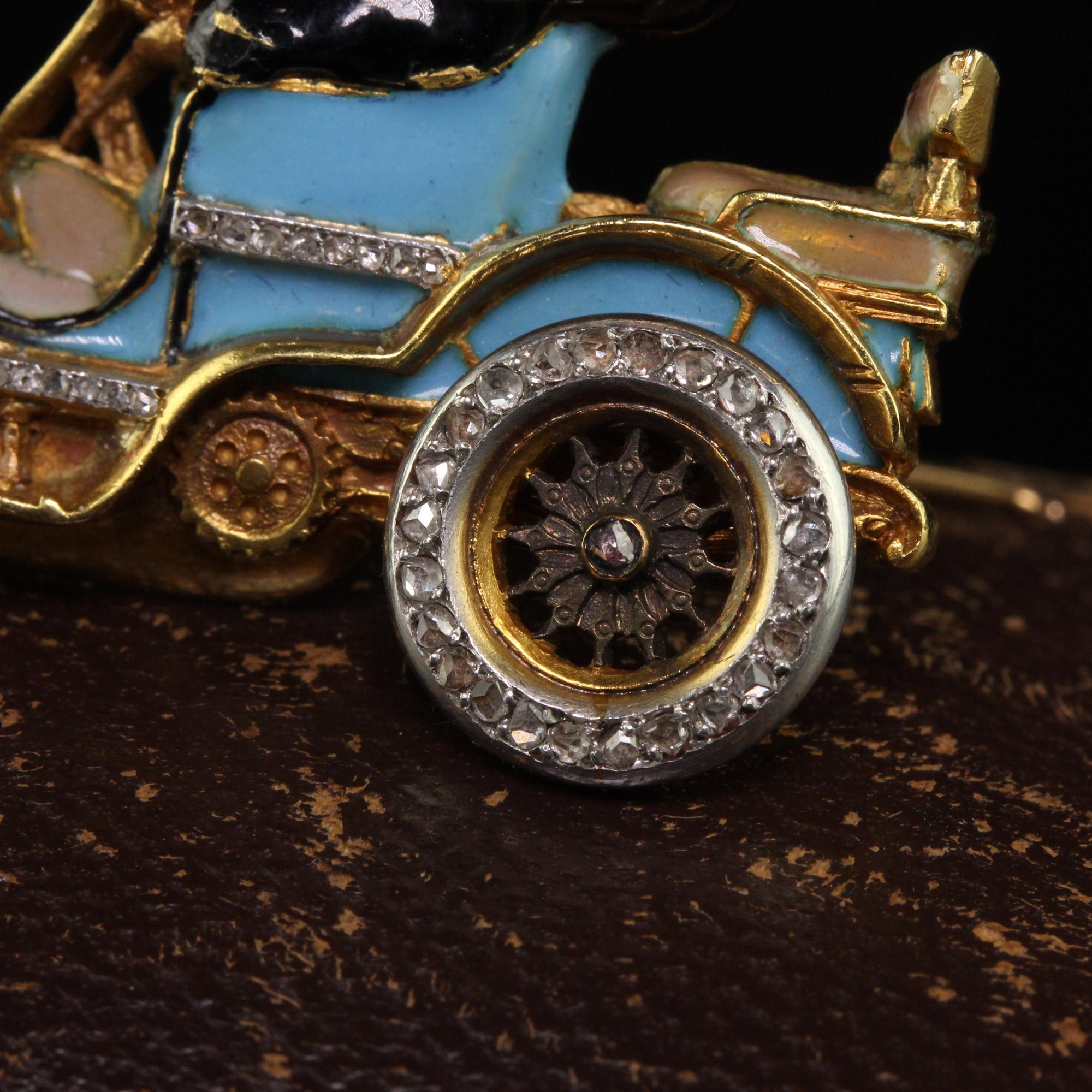 Antique Art Nouveau French 18K Yellow Gold Old Cut Diamond Enamel Buggy Car Pin For Sale 1