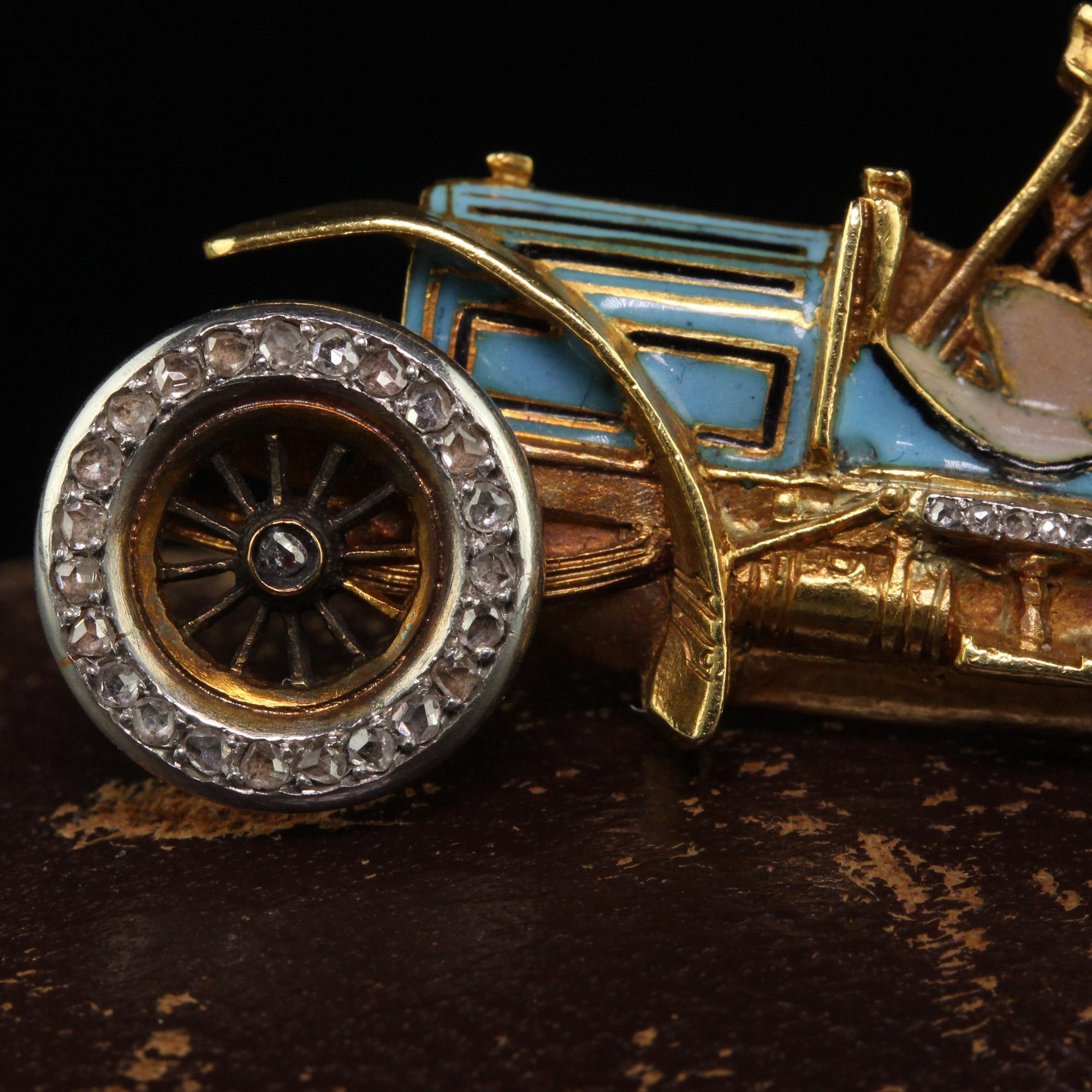 Antique Art Nouveau French 18K Yellow Gold Old Cut Diamond Enamel Buggy Car Pin For Sale 2
