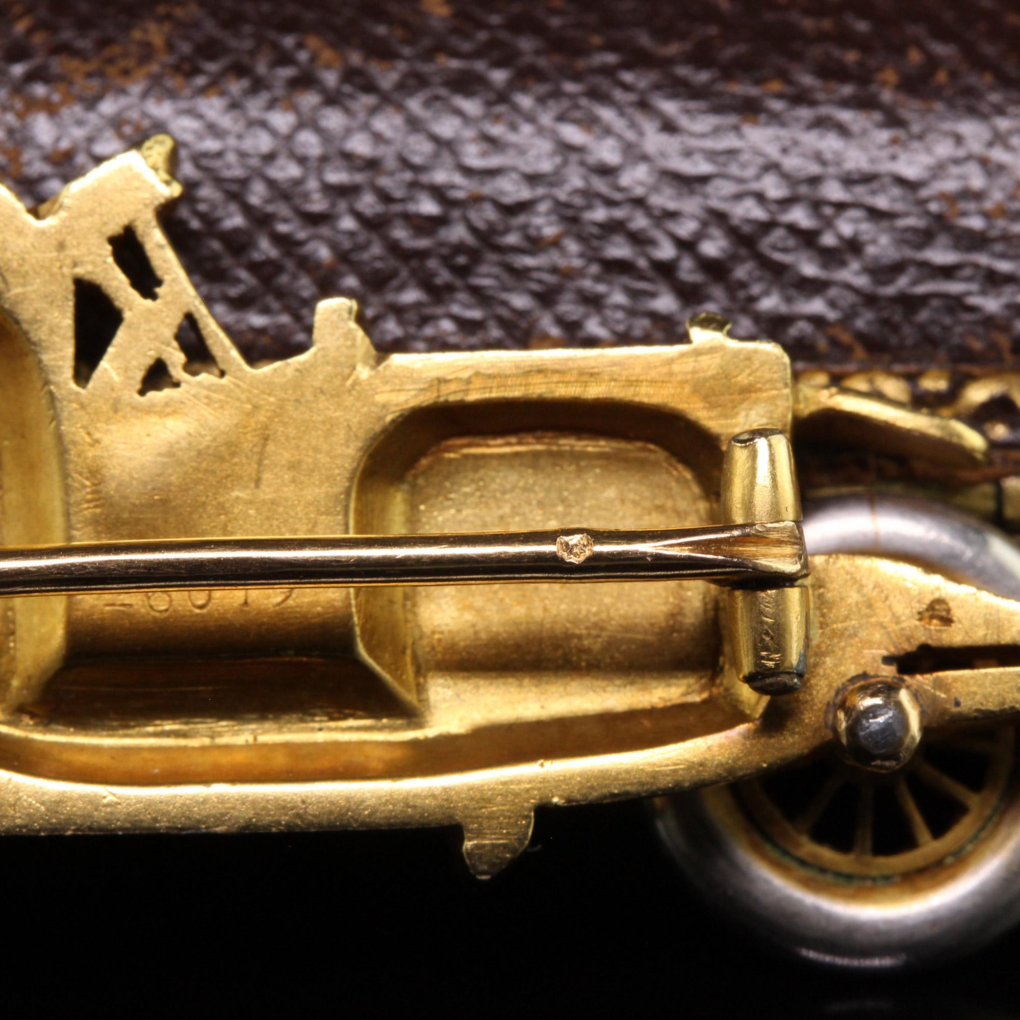 Antique Art Nouveau French 18K Yellow Gold Old Cut Diamond Enamel Buggy Car Pin For Sale 3