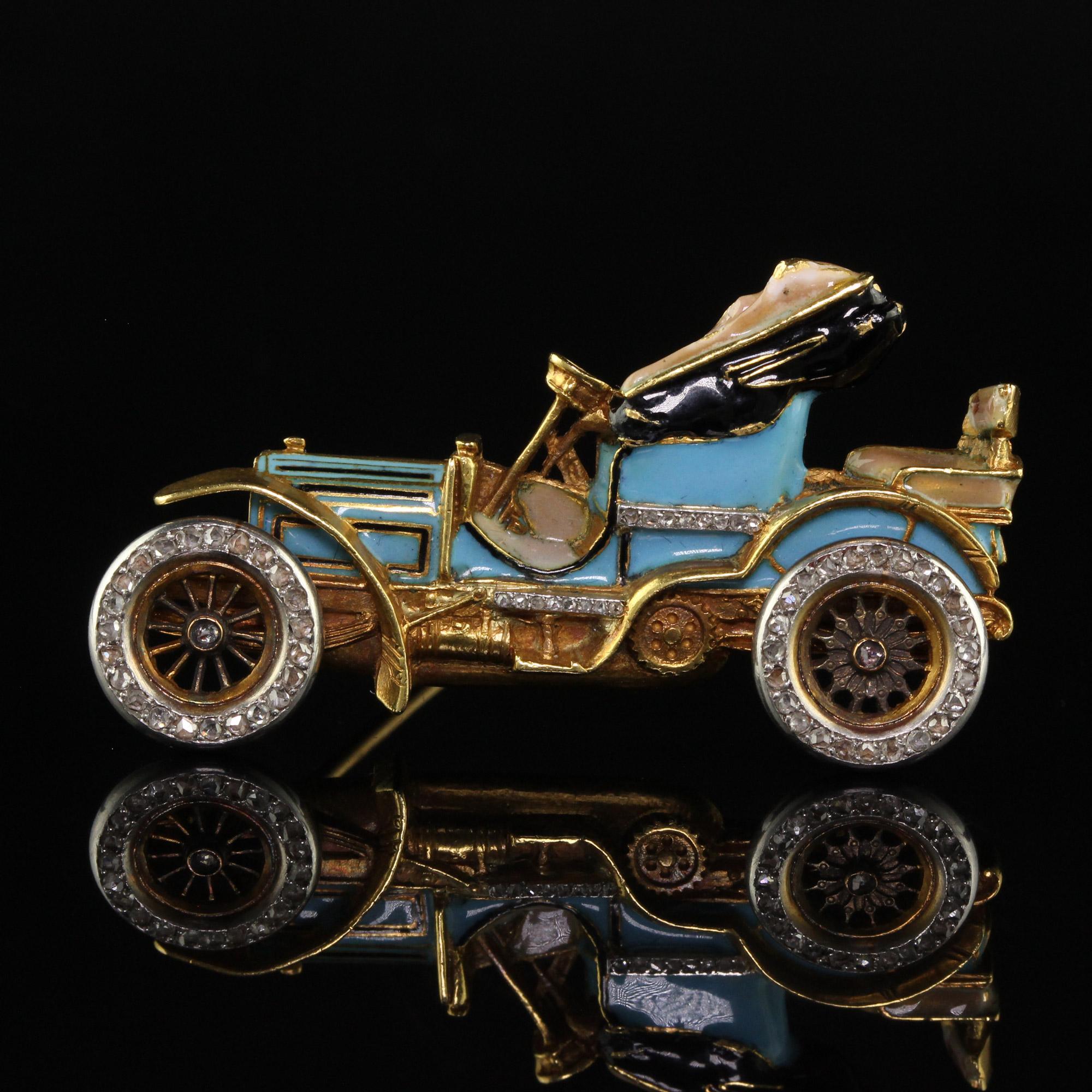 Antique Art Nouveau French 18K Yellow Gold Old Cut Diamond Enamel Buggy Car Pin For Sale 1