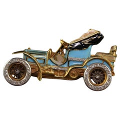 Épingle buggy Car de style Art nouveau français en or jaune 18 carats avec diamants taille ancienne et émail