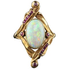 Antique Art Nouveau French 18 Karat Yellow Gold Opal and Ruby Ring