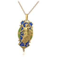 Antiker französischer Jugendstil-Anhänger, tanzende Frau, Plique a Jour
