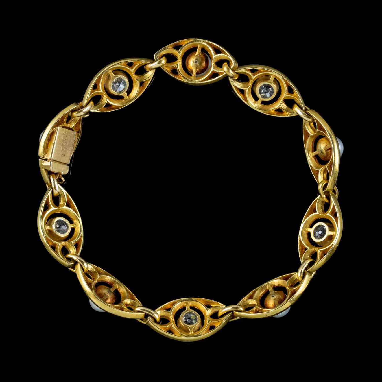Antike Art Nouveau Französisch Diamant Perlenarmband 18ct Gold 3ct von Diamant Circa (Alteuropäischer Schliff) im Angebot