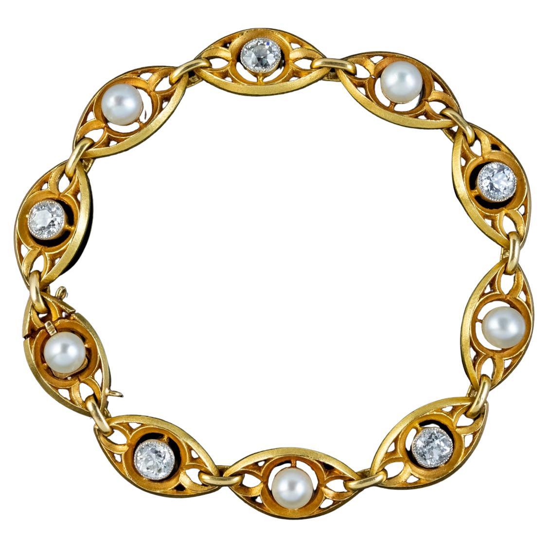 Antique Art Nouveau French Diamond Pearl Bracelet 18ct Gold 3ct of Diamond Circa