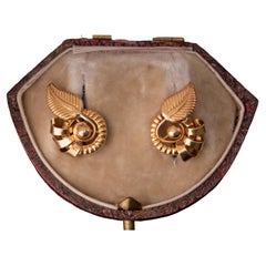 Antique Art Nouveau French Gold Earrings, Art Nouveau Gold Leaf Earrings
