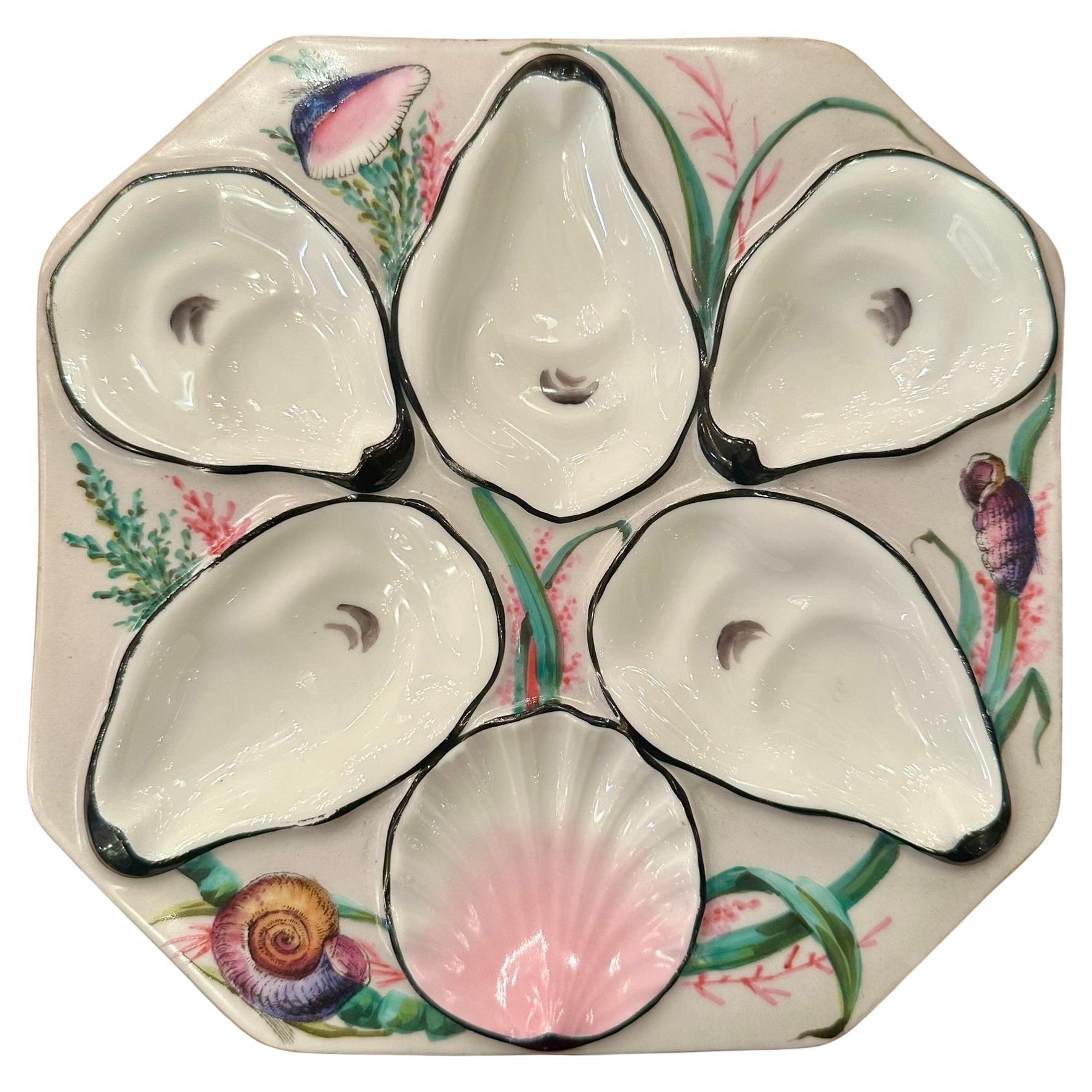 Antique Art Nouveau French Limoges Mauve Painted Porcelain Oyster Plate Ca. 1900 im Angebot