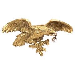Antique Art Nouveau French Old Mine Cut Diamond 18 Karat Gold Eagle Brooch