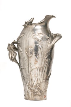 Antique Art Nouveau French Pewter Floral Vase By Frédéric Debon