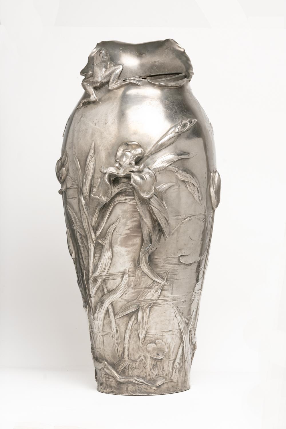 Antique Art Nouveau French Pewter Floral Vase By Frédéric Debon In Good Condition In Portland, England