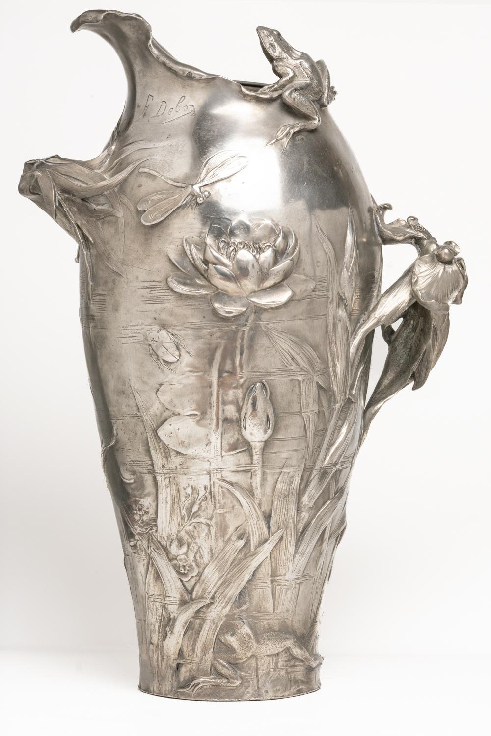 Women's or Men's Antique Art Nouveau French Pewter Floral Vase By Frédéric Debon