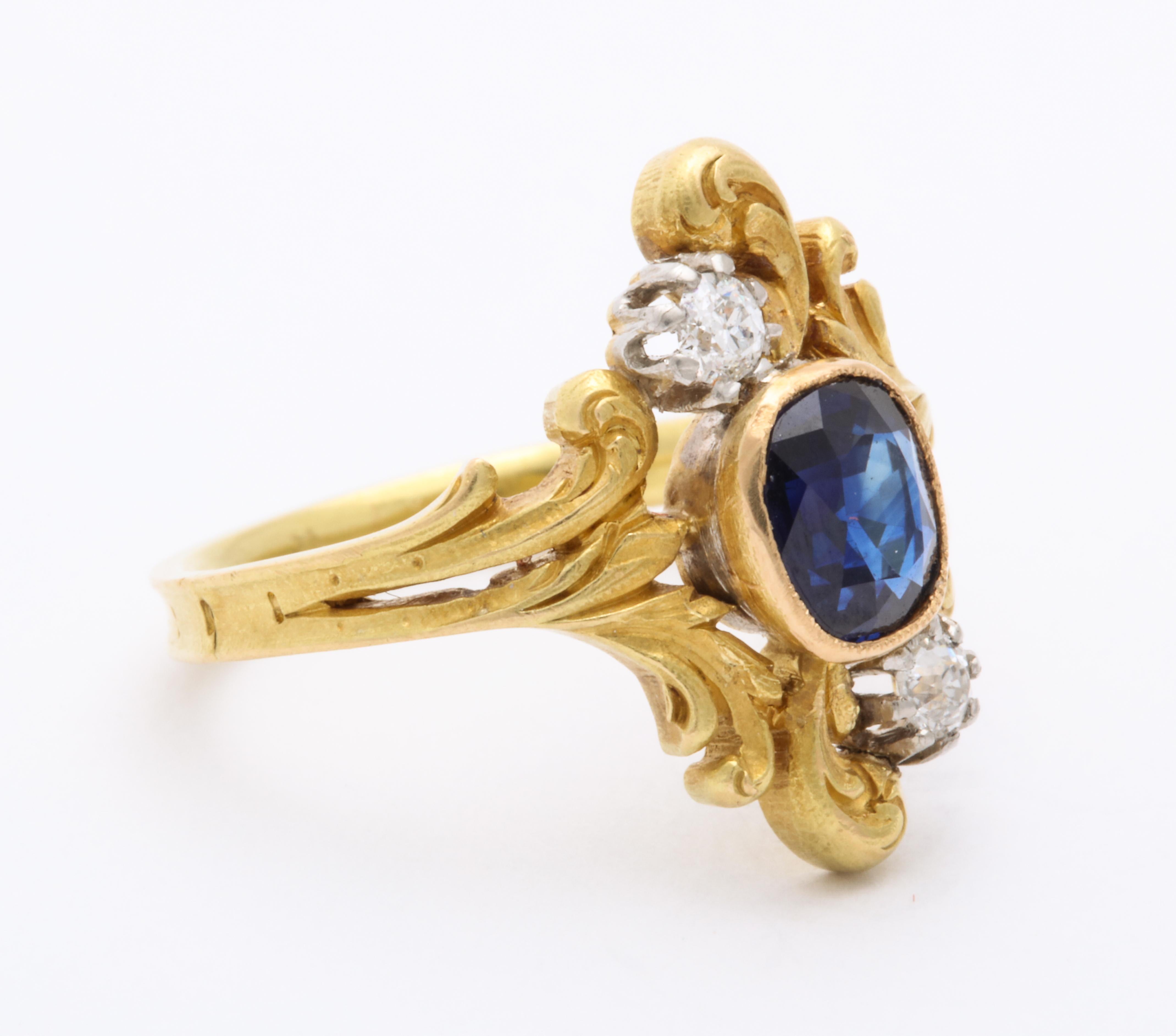 Antique Art Nouveau French Sapphire and Diamond Ring In Excellent Condition In Stamford, CT
