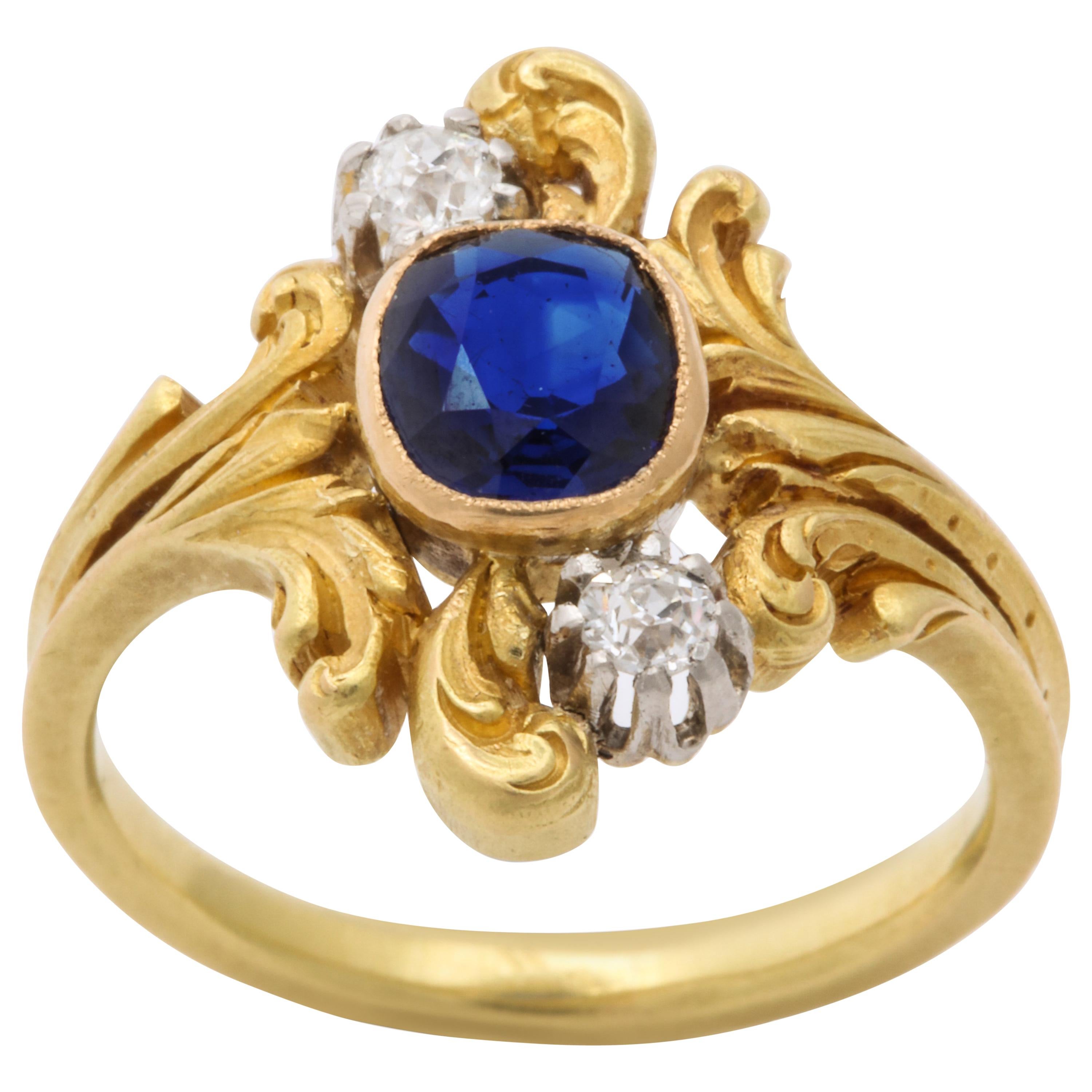 Antique Art Nouveau French Sapphire and Diamond Ring