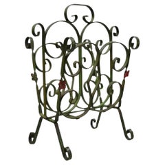 Antique Art Nouveau French Style Wrought Iron Small Green Magazine Rack Flowers
