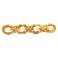 Antique Art Nouveau French Yellow Gold Seed Pearls Knotted Bar Pin Brooch