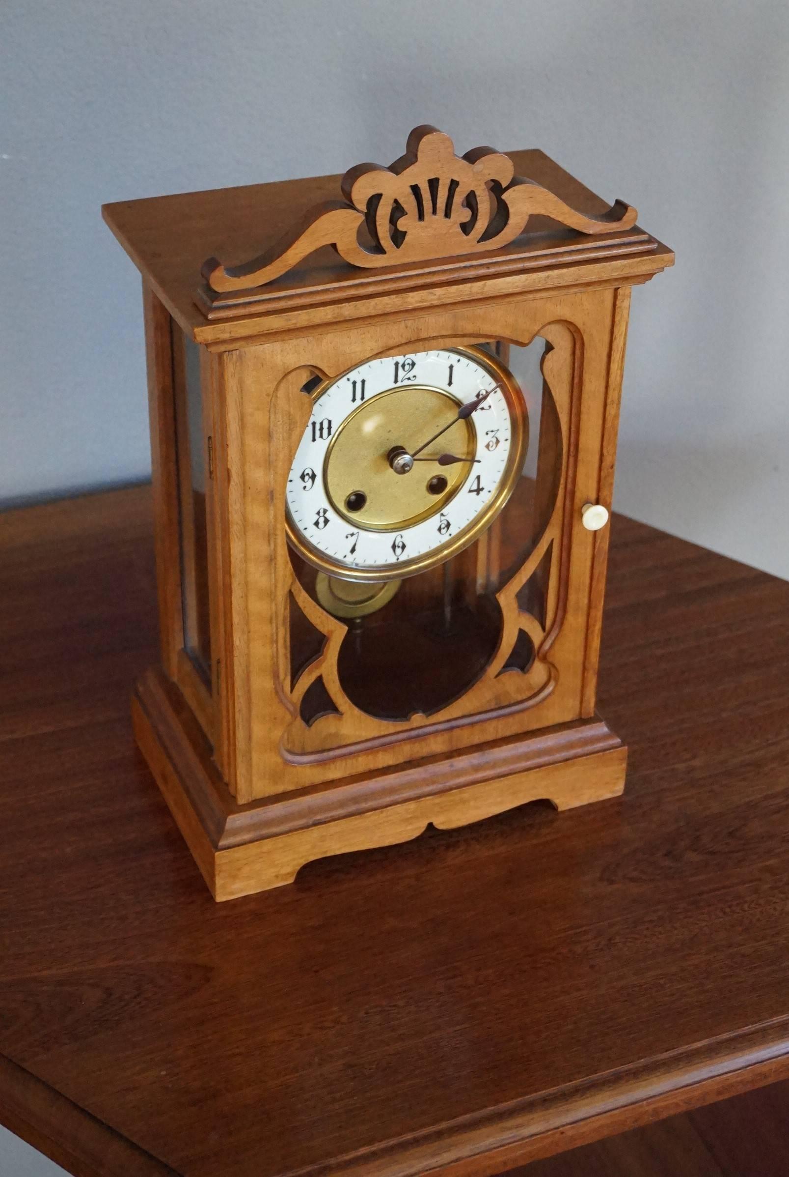 Arts and Crafts Mantel or Table Clock of Fruitwood & Glass w. Enameled Dial Face 2