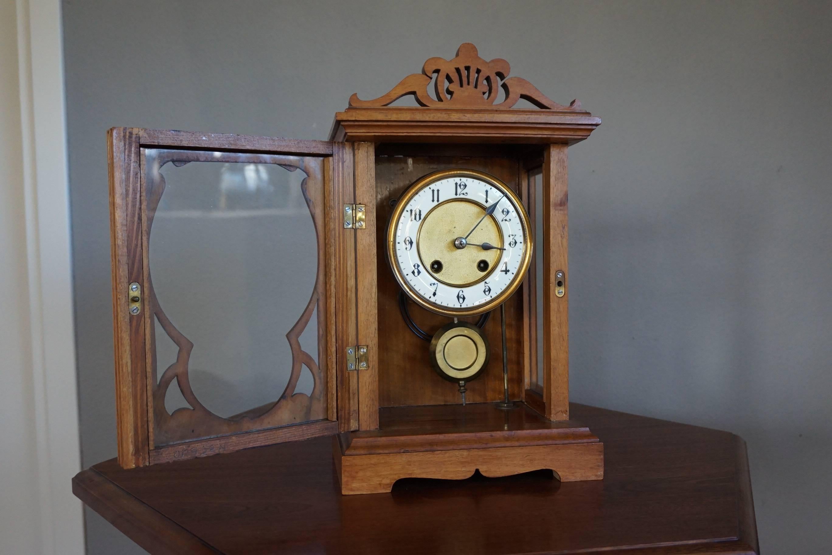 Hand-Crafted Arts and Crafts Mantel or Table Clock of Fruitwood & Glass w. Enameled Dial Face