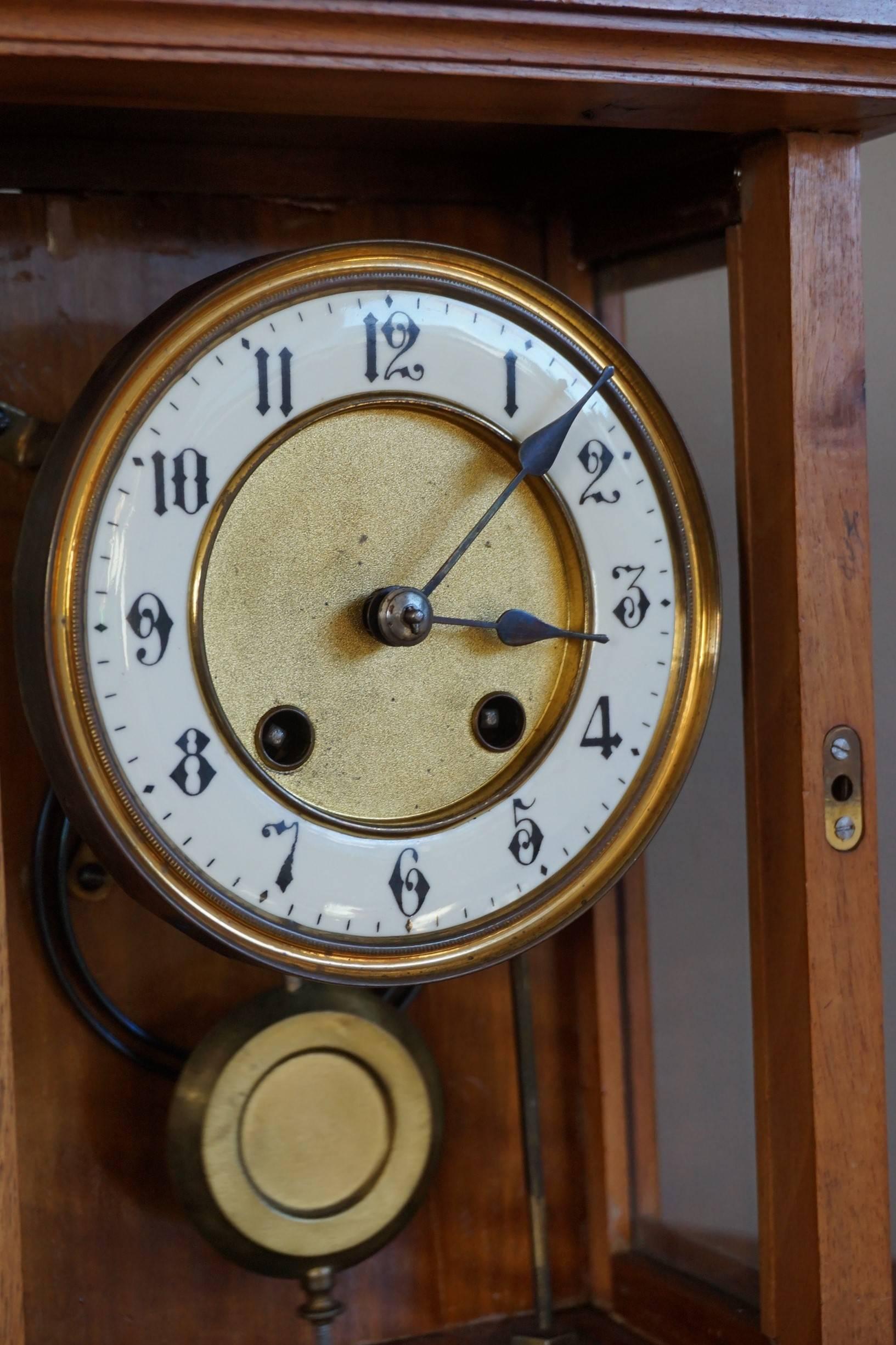 Arts and Crafts Mantel or Table Clock of Fruitwood & Glass w. Enameled Dial Face In Good Condition In Lisse, NL