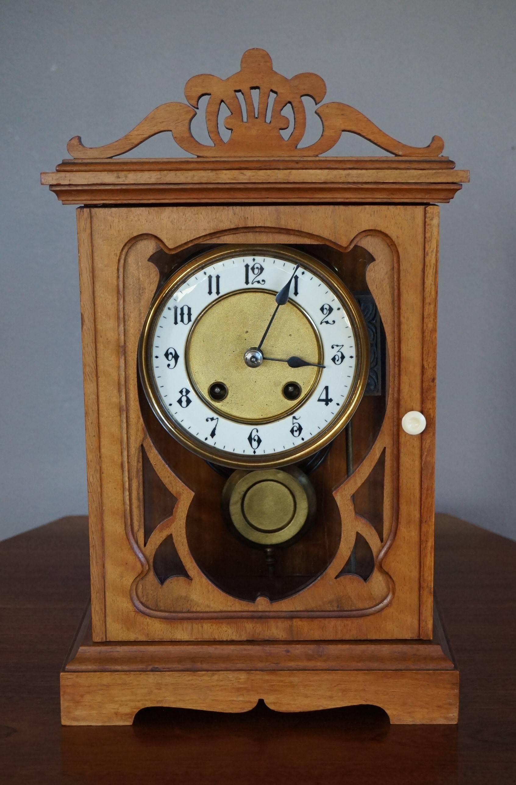 Arts and Crafts Mantel or Table Clock of Fruitwood & Glass w. Enameled Dial Face 1