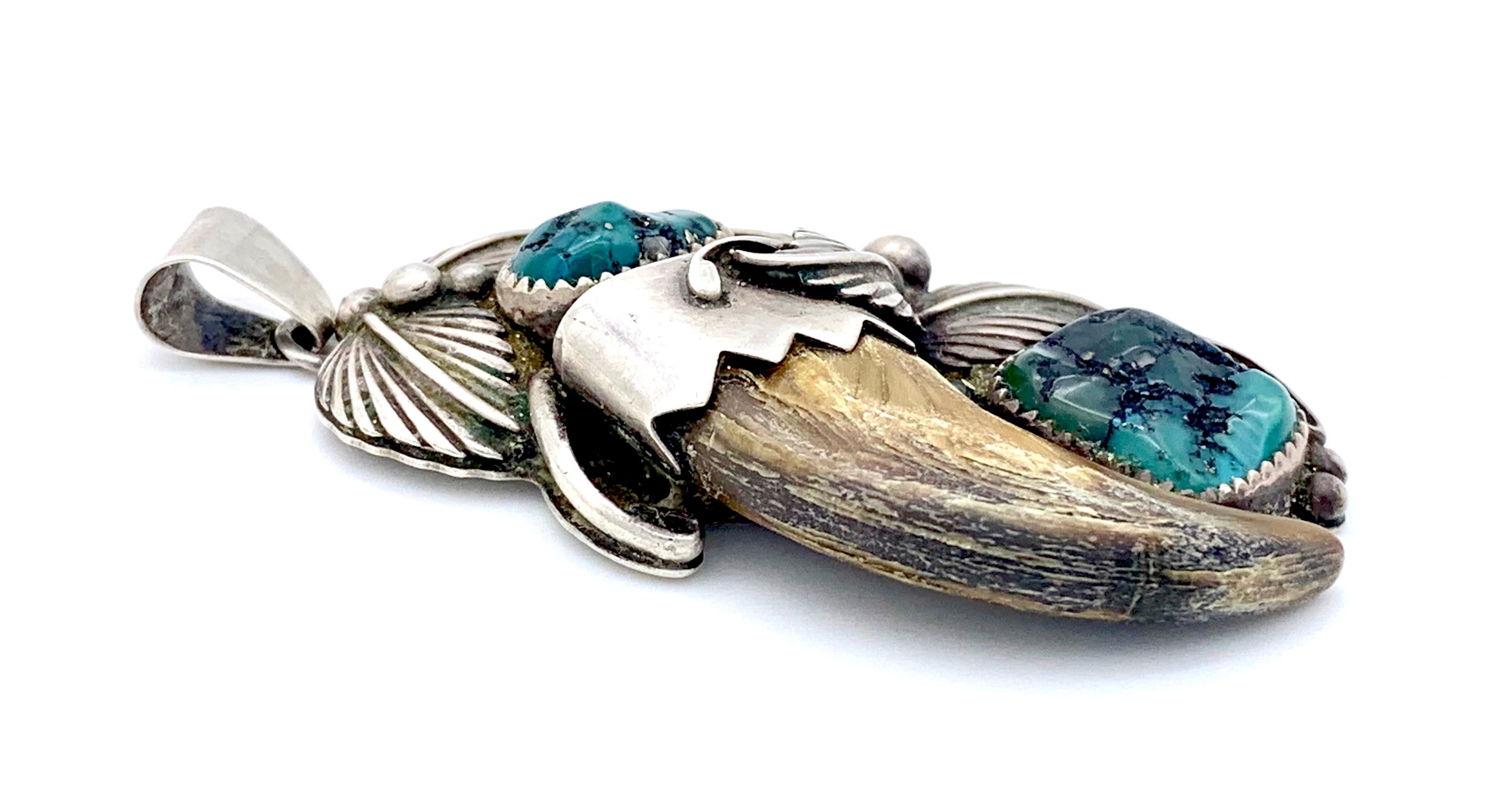 Mixed Cut Antique Art Nouveau Georg JensenPendant Necklace Silver Turquoise Horn Leaves  For Sale