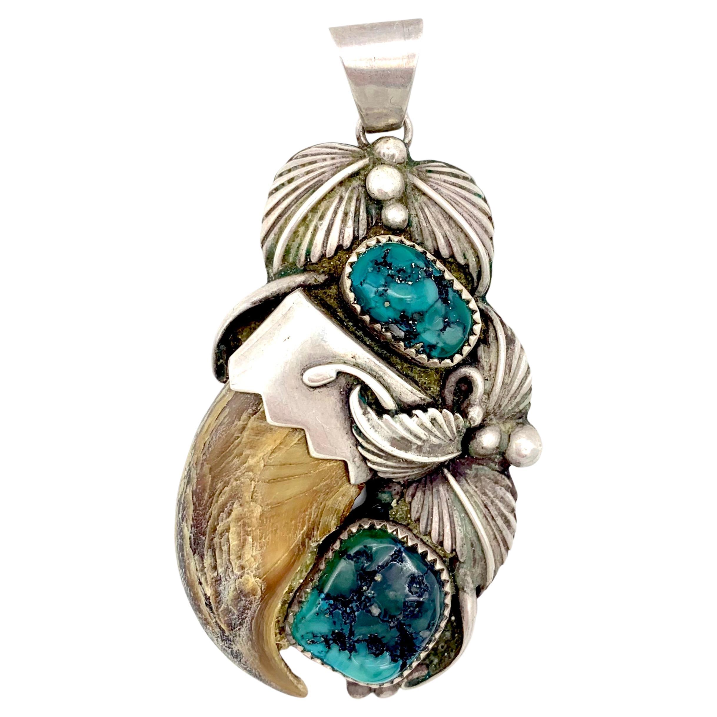 Antique Art Nouveau Georg JensenPendant Necklace Silver Turquoise Horn Leaves  For Sale