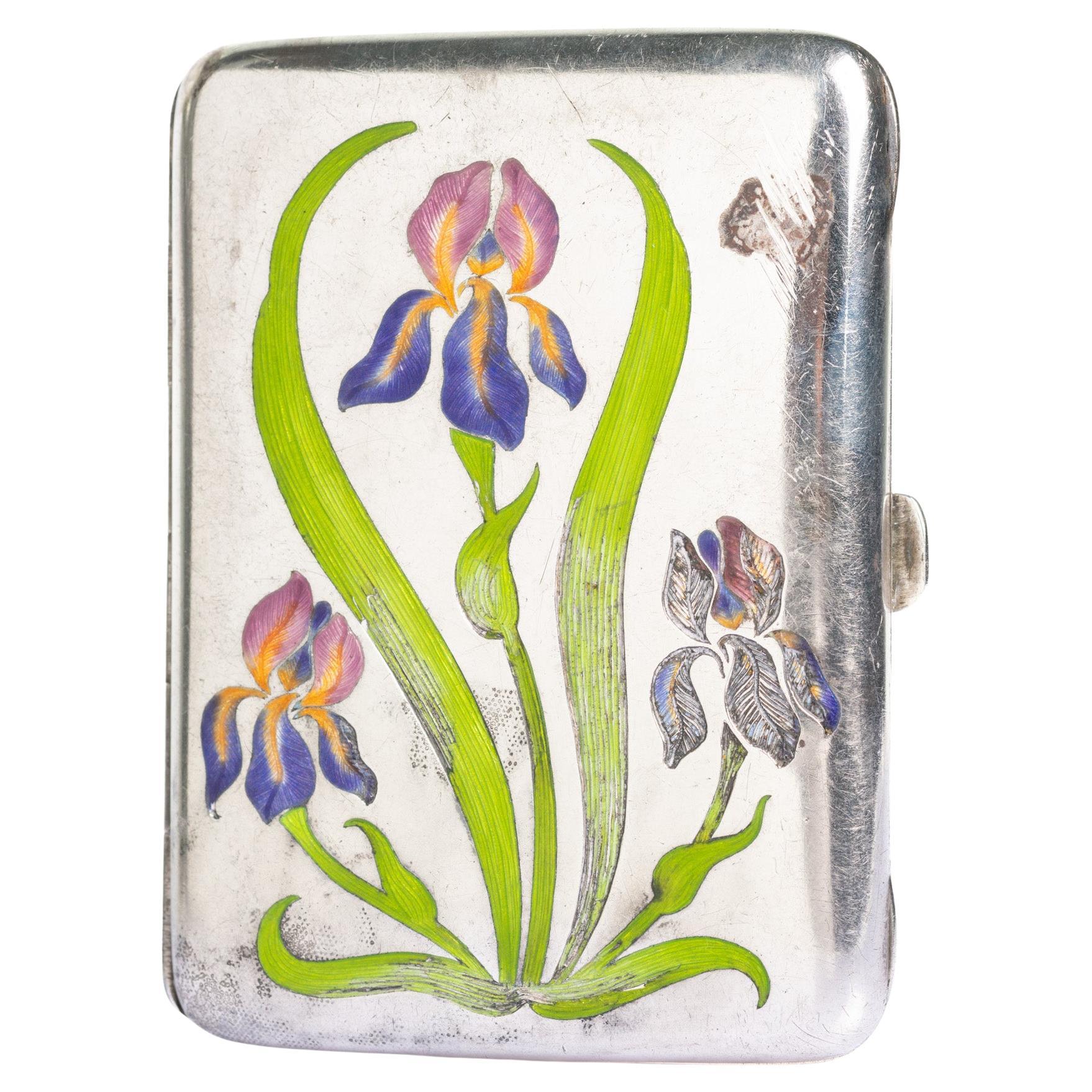 Antique Art Nouveau German Enamel Iris Cigarette Case For Sale