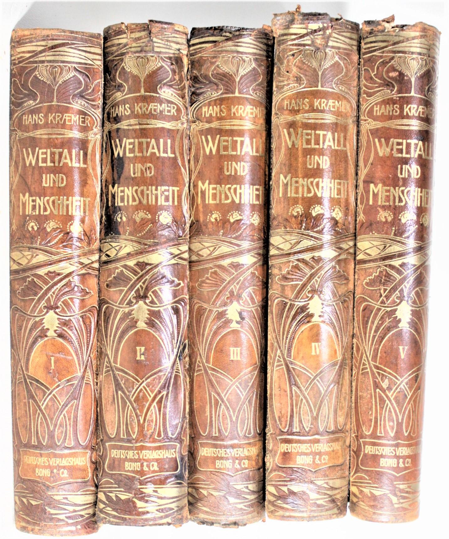 This five volume set of leather bound 1st Edition encyclopedias were done by Weltall and Menschheit of Germany in 1900 in the period Art Nouveau style. This set is completely in German, but cover broad areas of scientific inquiry for the period and