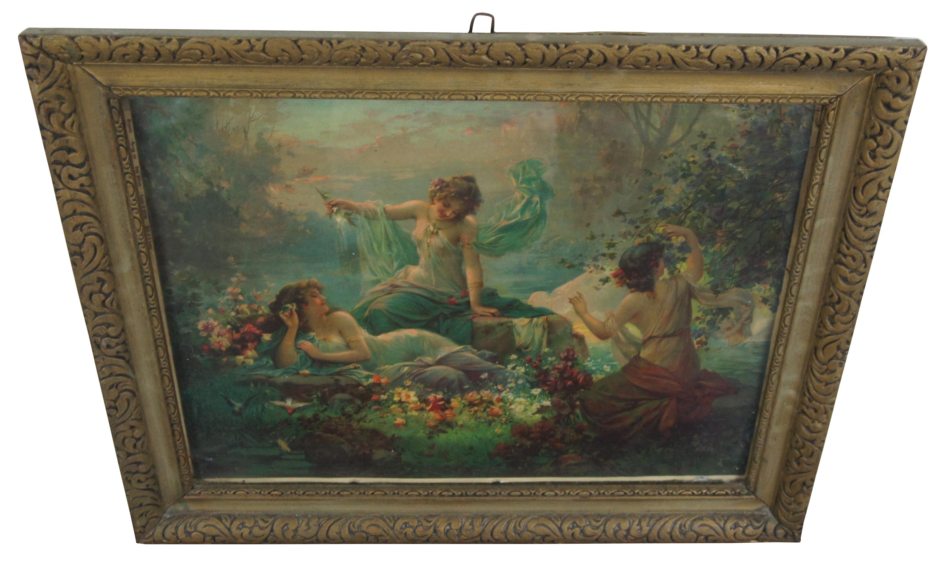 Antike deutsche Lithographie Nummer 2349 mit dem Titel Morgentau:: die drei neoklassische weibliche Figuren oder Wassernymphen in einem Waldgarten voller Blumen zeigt. Maßnahmen: 25