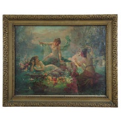 Antique Art Nouveau German Lithograph Print Morning Dew Maiden Water Nymphs