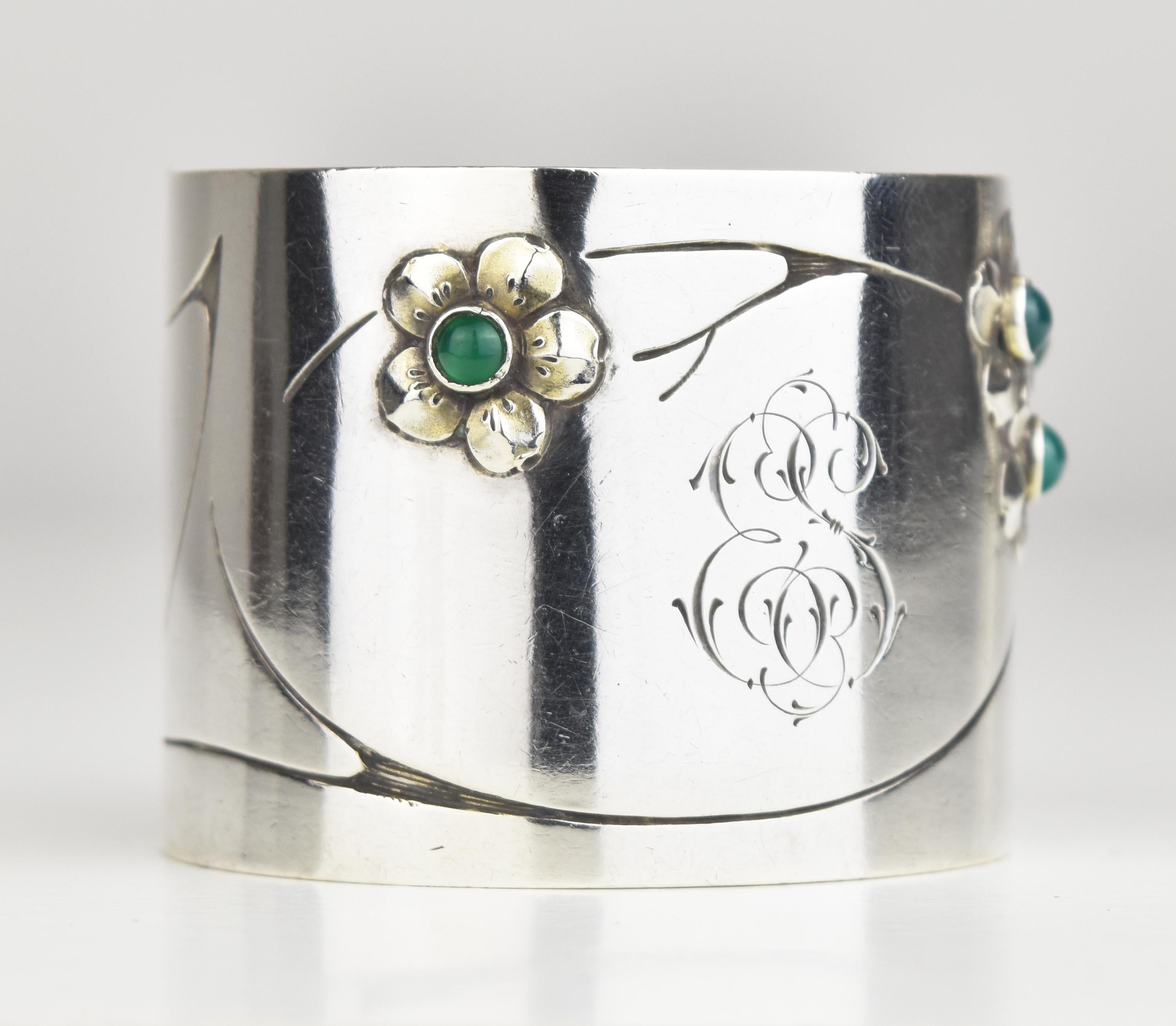 Antique Art Nouveau German Silver Napkin Ring w. Glass Cabochons For Sale 2