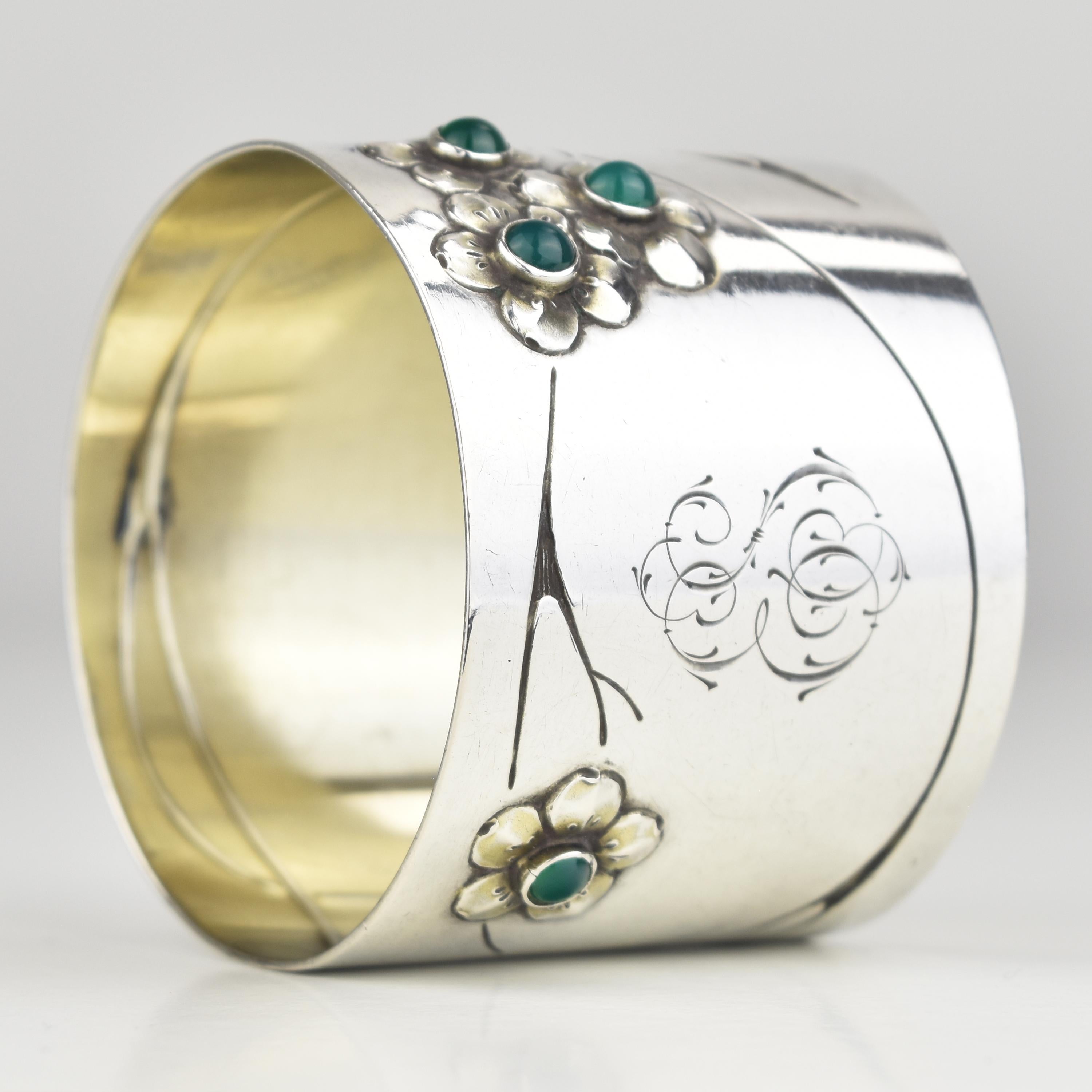 Antique Art Nouveau German Silver Napkin Ring w. Glass Cabochons For Sale 4